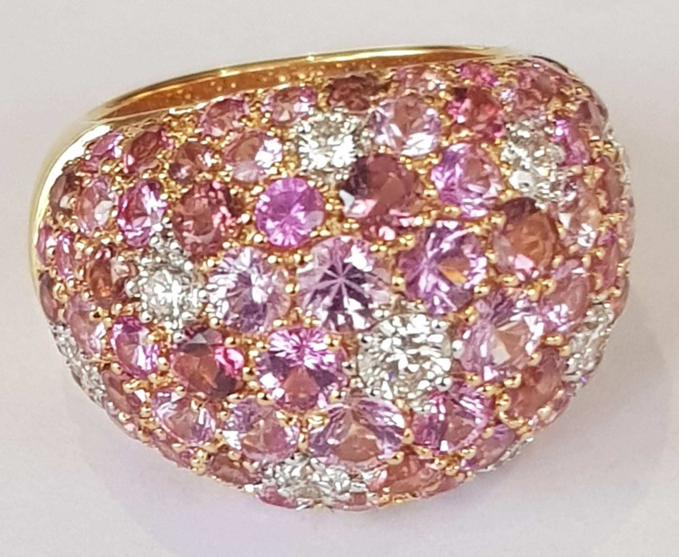 Round Cut Diamond and Pink Sapphire and Tourmaline Ring in 18 Karat Yellow Gold For Sale