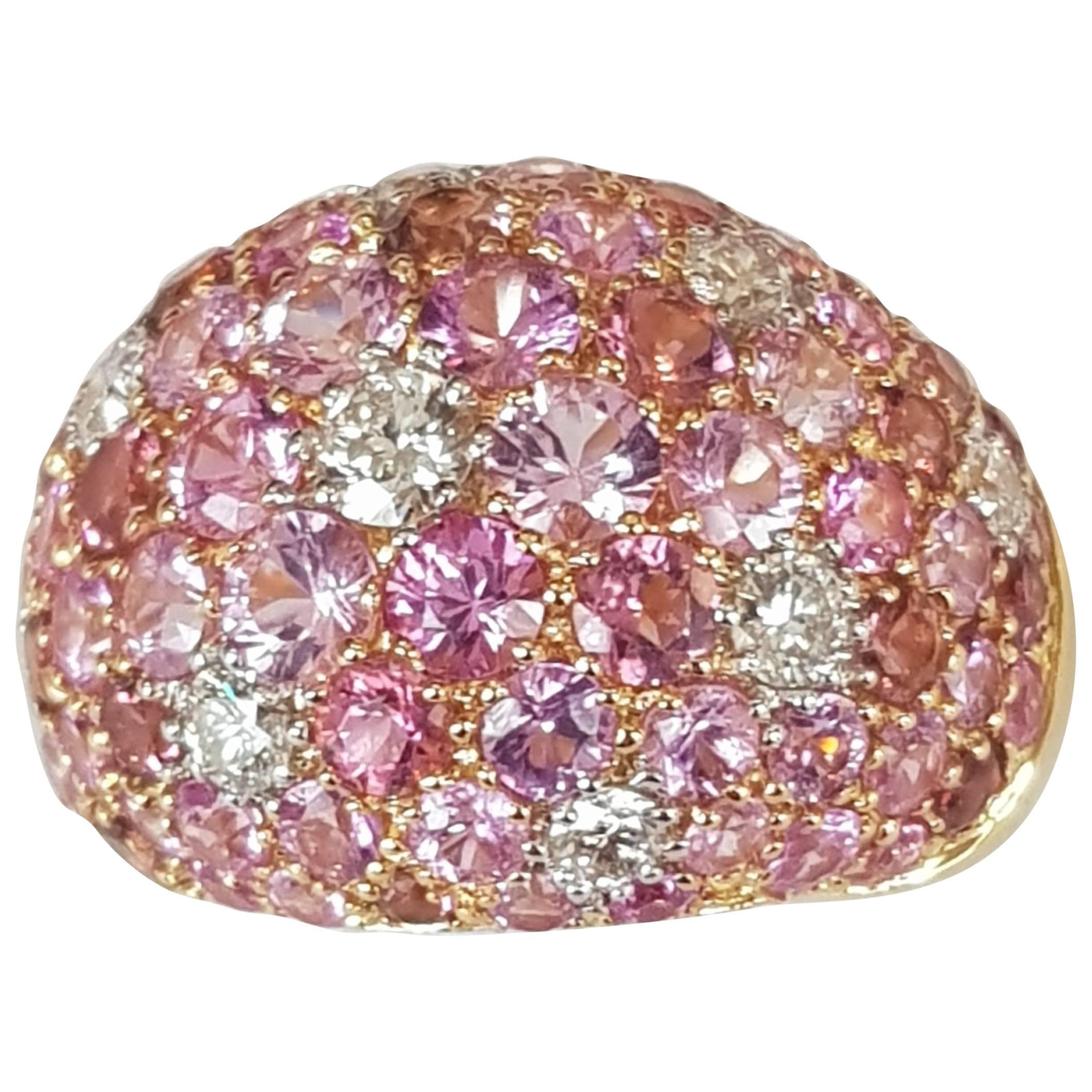 Diamond and Pink Sapphire and Tourmaline Ring in 18 Karat Yellow Gold For Sale