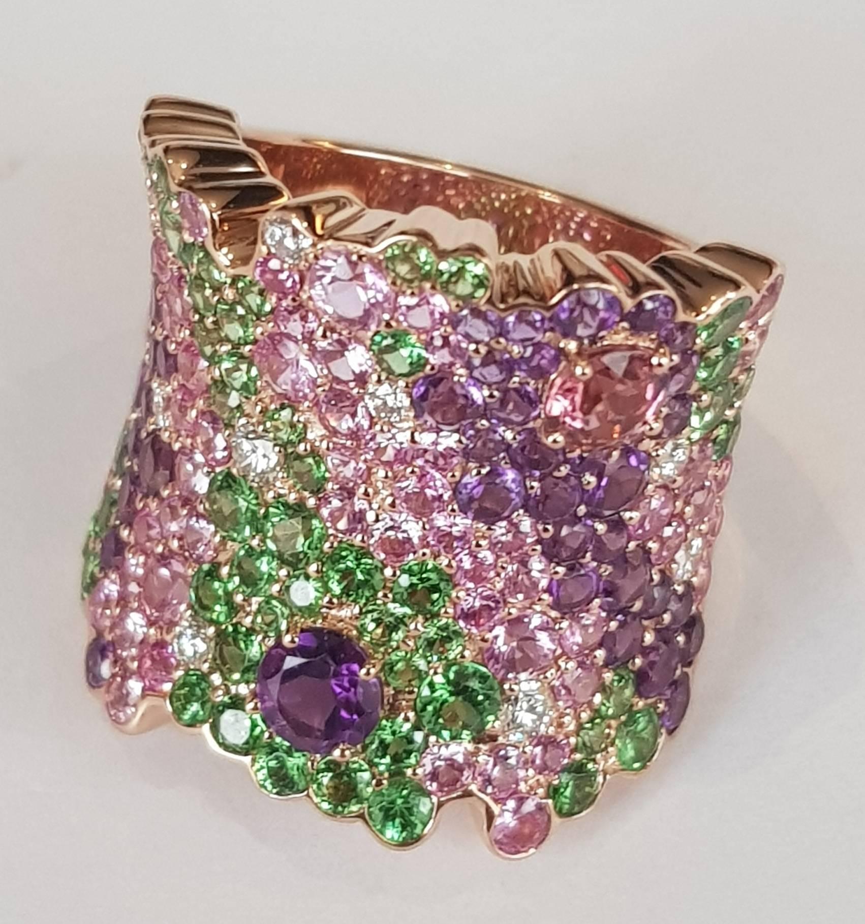 Modern Diamond and Pink Sapphire and Tsavorite Ring in 18 Karat Rose Gold