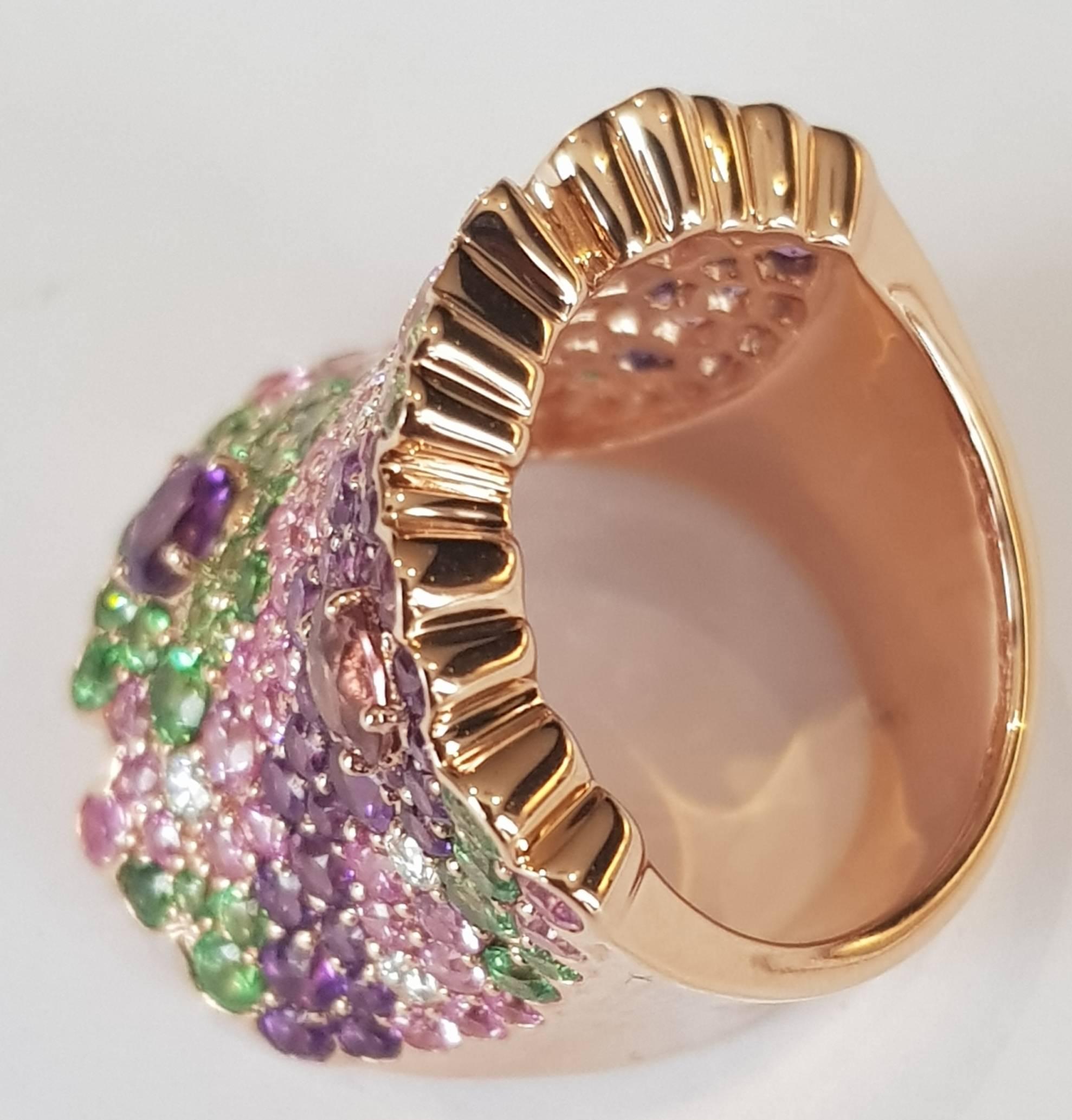 Round Cut Diamond and Pink Sapphire and Tsavorite Ring in 18 Karat Rose Gold