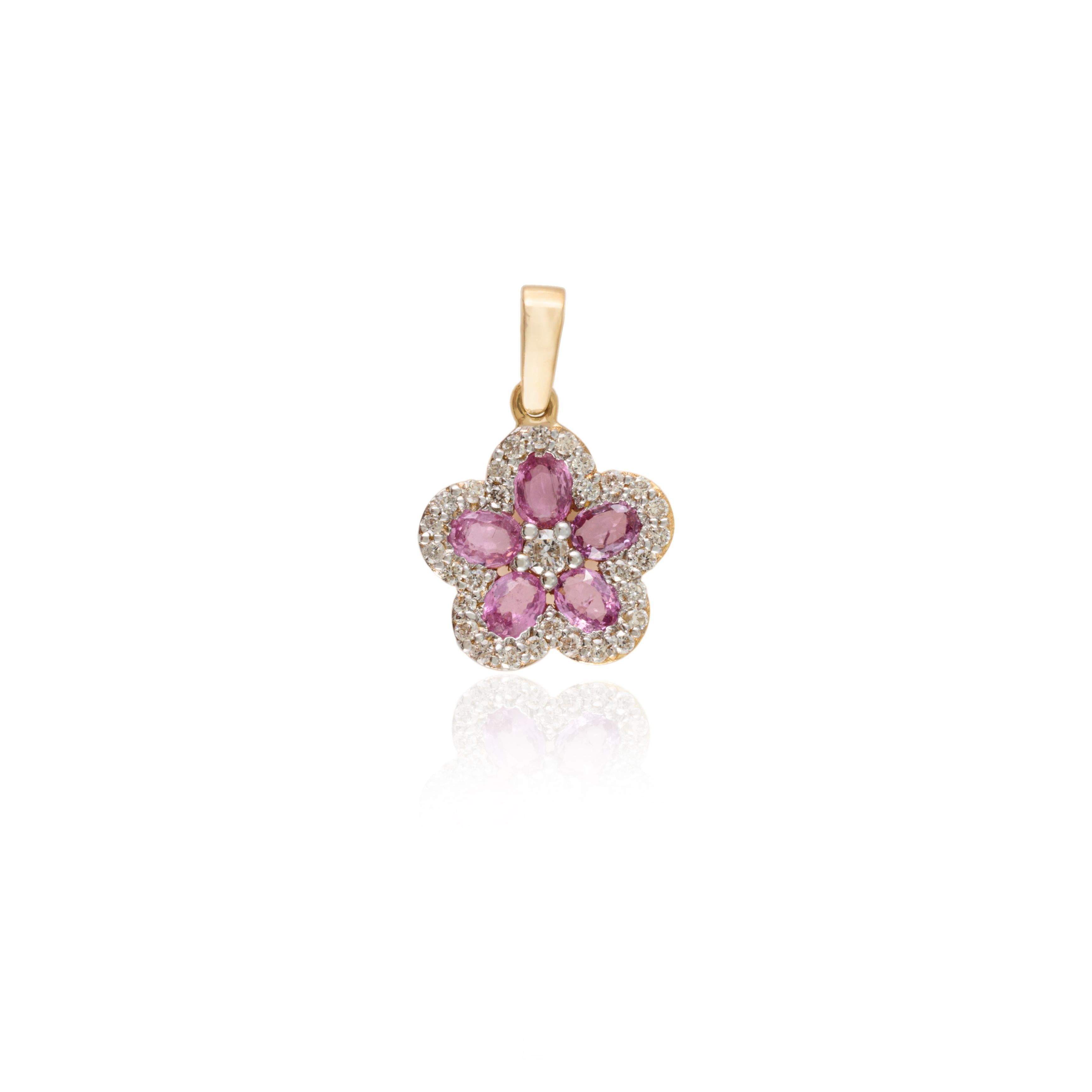 Cherry Blossom Pink Sapphire Diamond Flower Pendant in 18k Yellow Gold In New Condition For Sale In Houston, TX