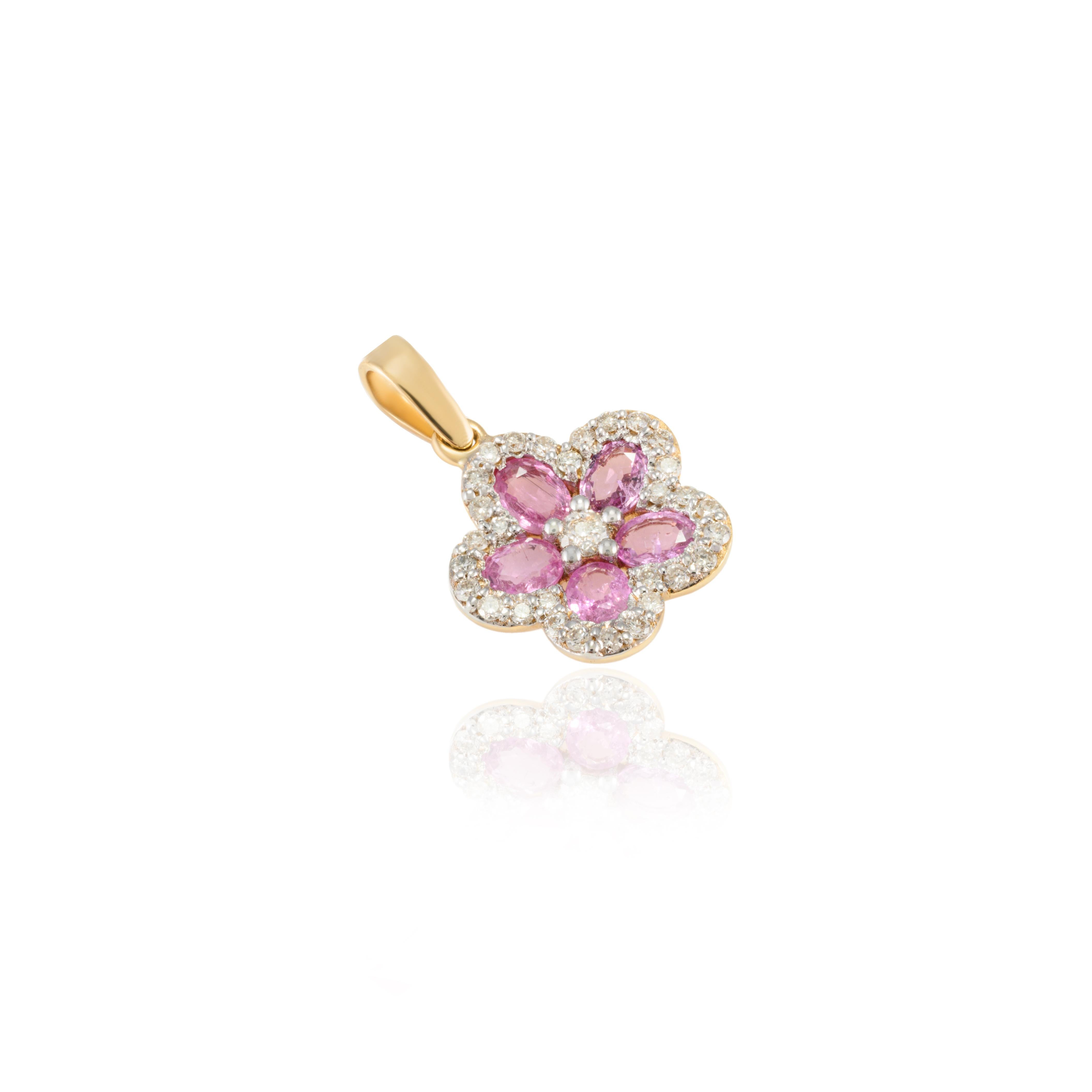 Women's Cherry Blossom Pink Sapphire Diamond Flower Pendant in 18k Yellow Gold For Sale