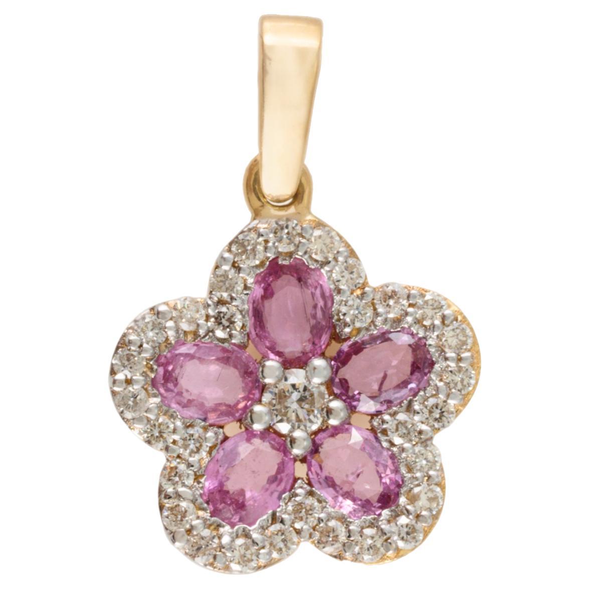 Cherry Blossom Pink Sapphire Diamond Flower Pendant in 18k Yellow Gold For Sale