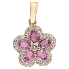 Cherry Blossom Pink Sapphire Diamond Flower Pendant in 18k Yellow Gold