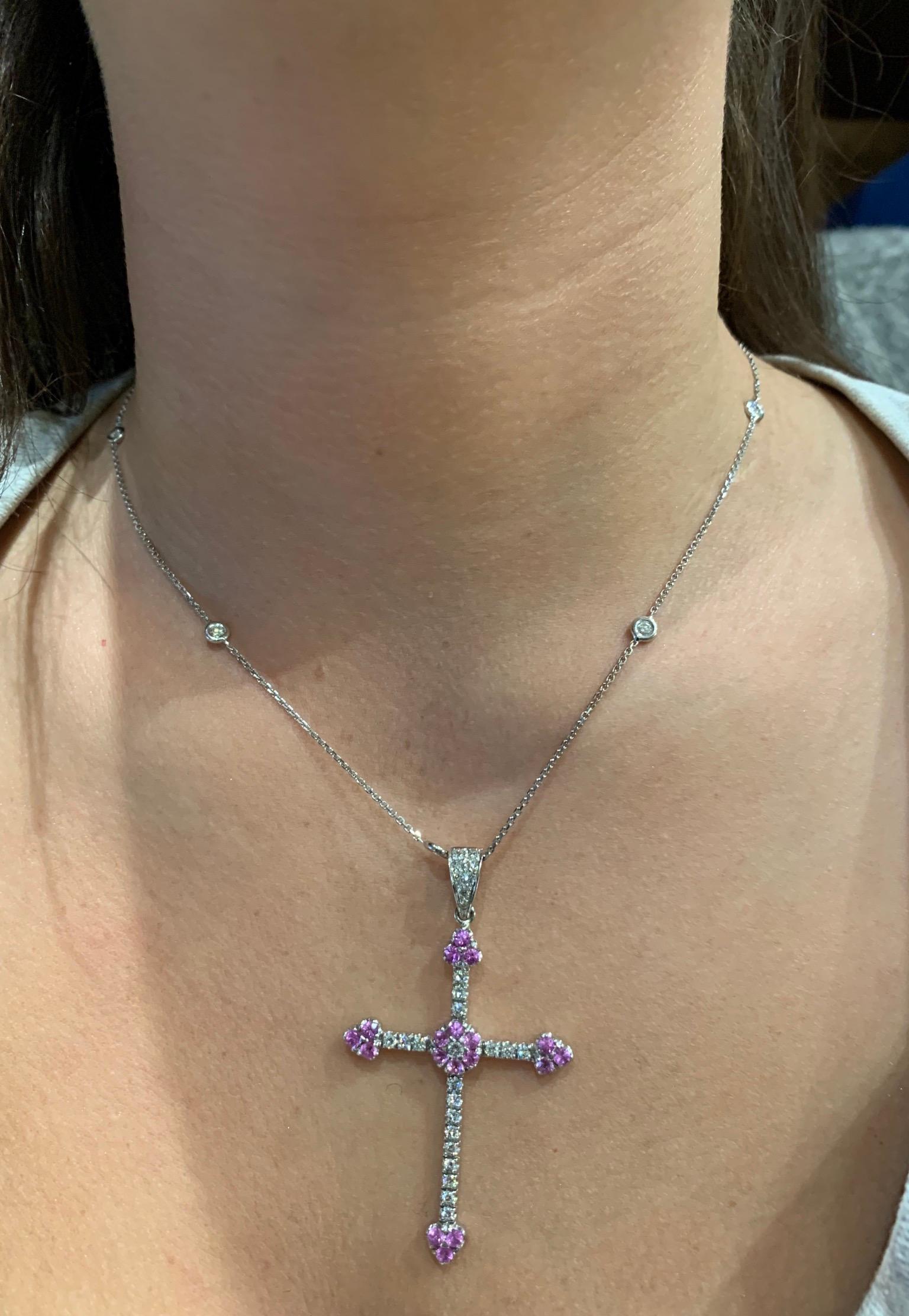 Round Cut Diamond and Pink Sapphire Cross Pendant 1.50 Carat