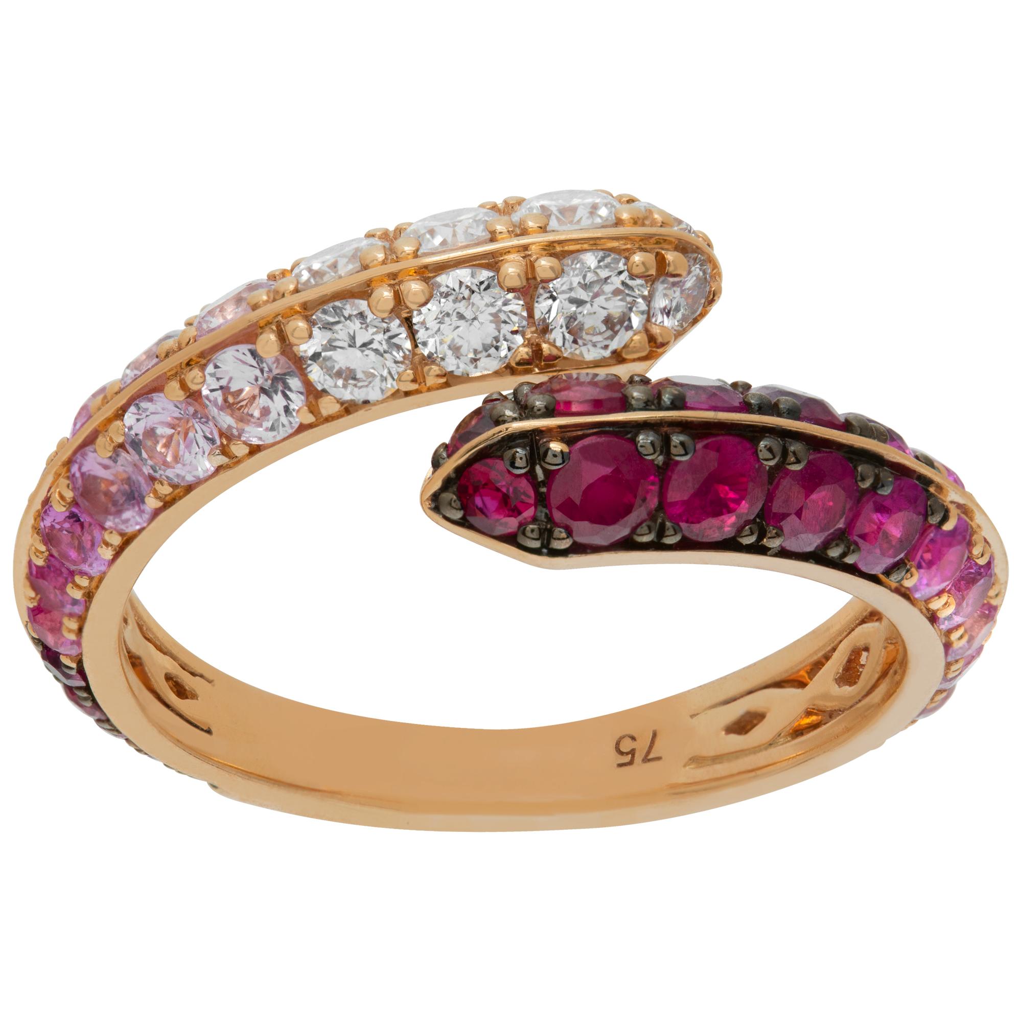 Diamond and pink sapphire crossover ring in 18k rose gold. Round brilliant cut diamonds approx. weight: 0.43 carat, estimate: G-H Color, VS Clarity. Round brilliant cut pink sapphire approx. weight: 1.50 carat. Size 6.5.This Diamond/Sapphires ring