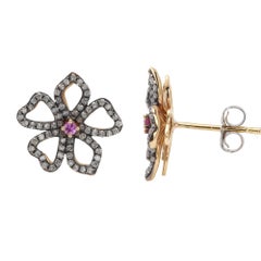 Diamond and Pink Sapphire earring studs Black flower earrings 14 Karat