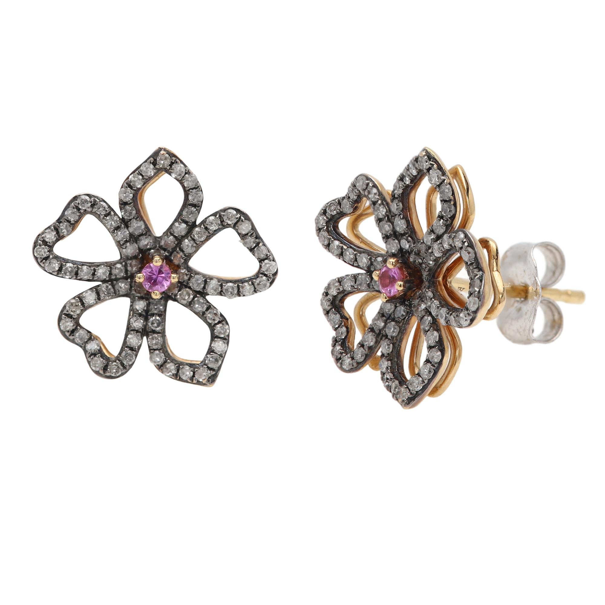 Orecchini con diamanti e zaffiri rosa Orecchini a fiore neri 14 carati in vendita 1