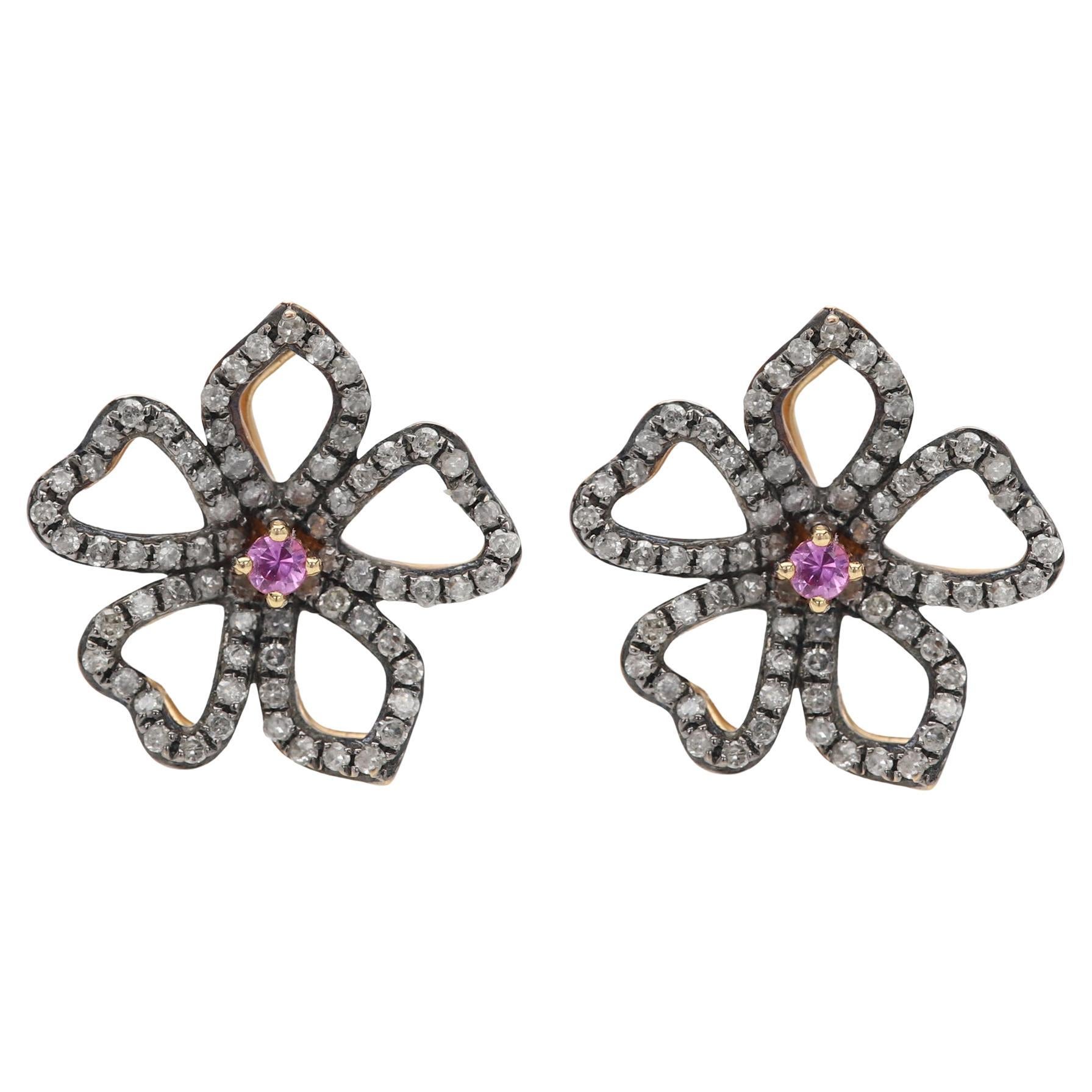 Orecchini con diamanti e zaffiri rosa Orecchini a fiore neri 14 carati in vendita