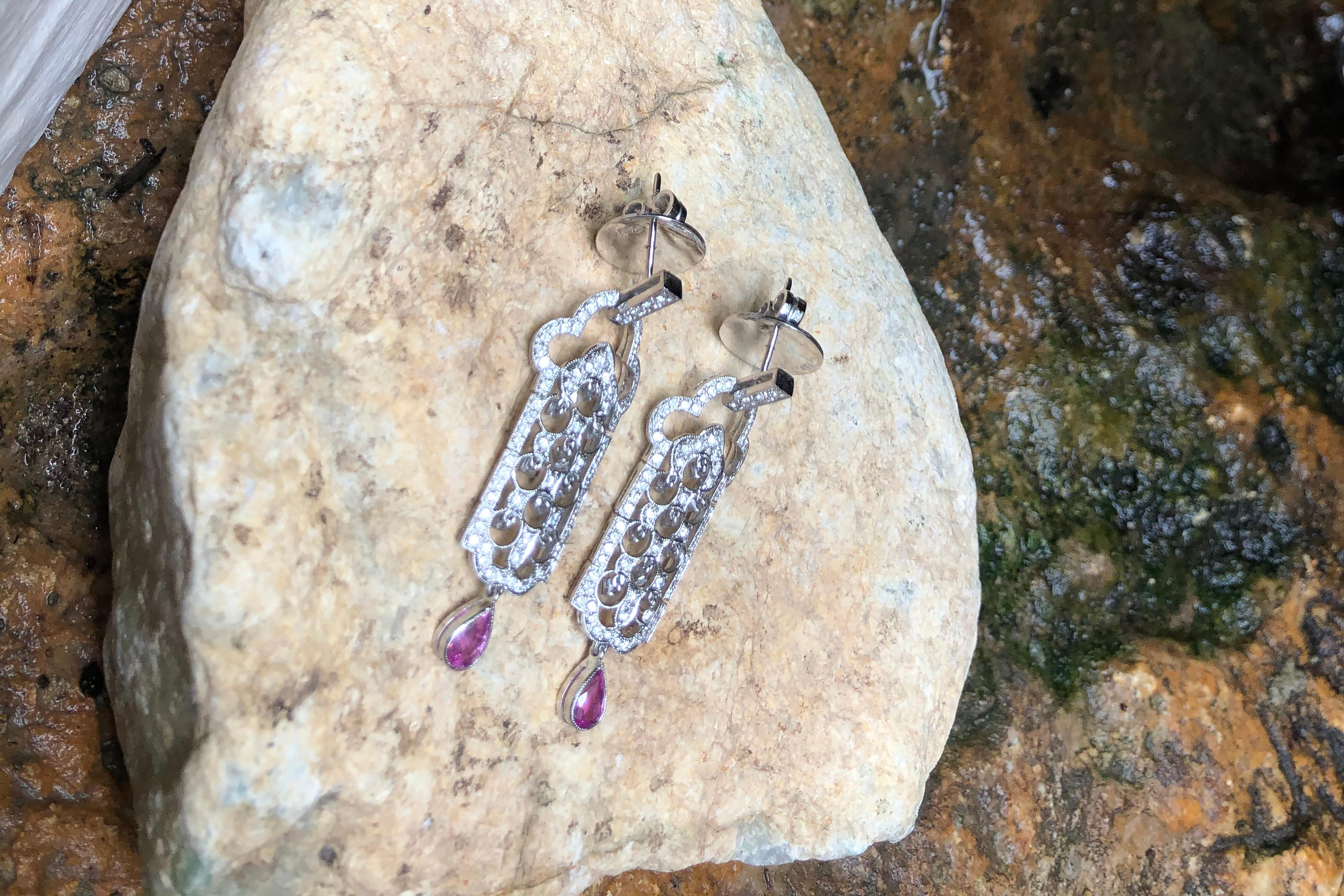 Mixed Cut Diamond and Pink Sapphire Earrings Set in 18 Karat White Gold Settings For Sale