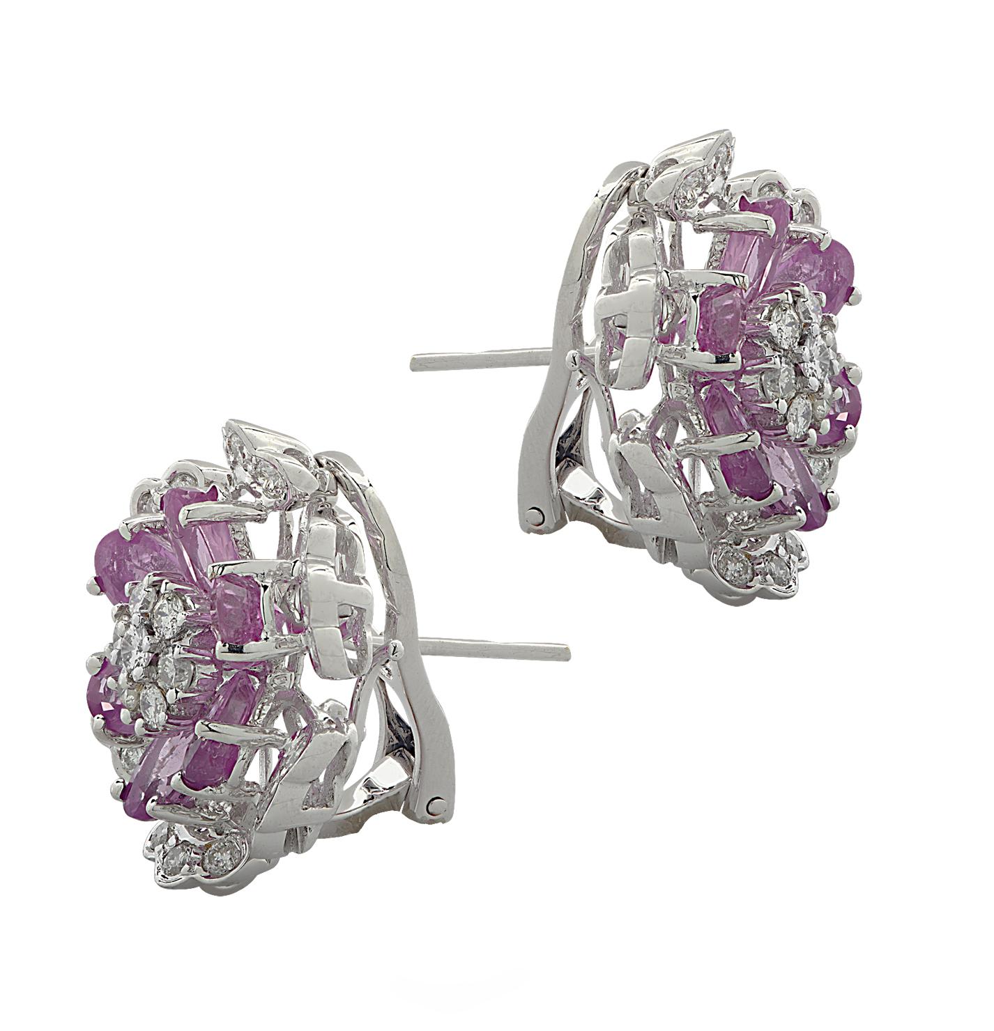 Modern Diamond and Pink Sapphire Flower Earrings