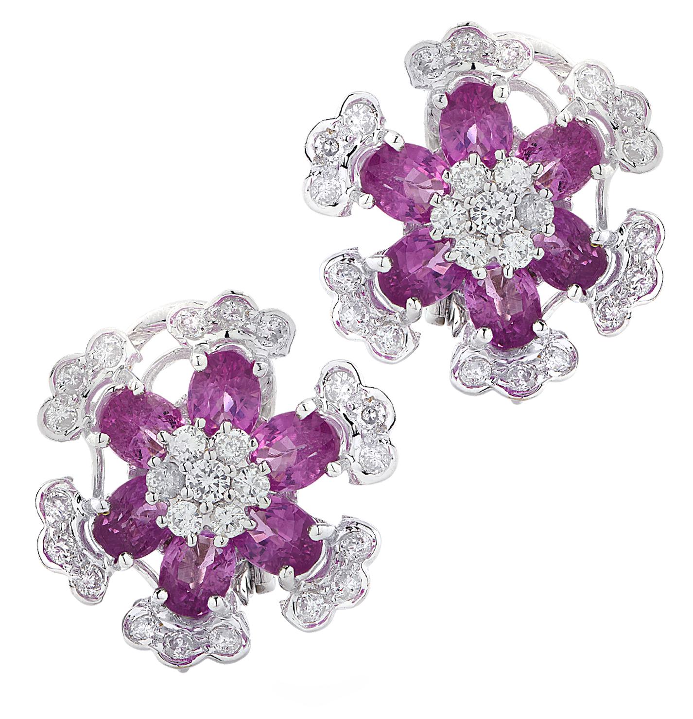 Diamond and Pink Sapphire Flower Earrings In Good Condition In Miami, FL