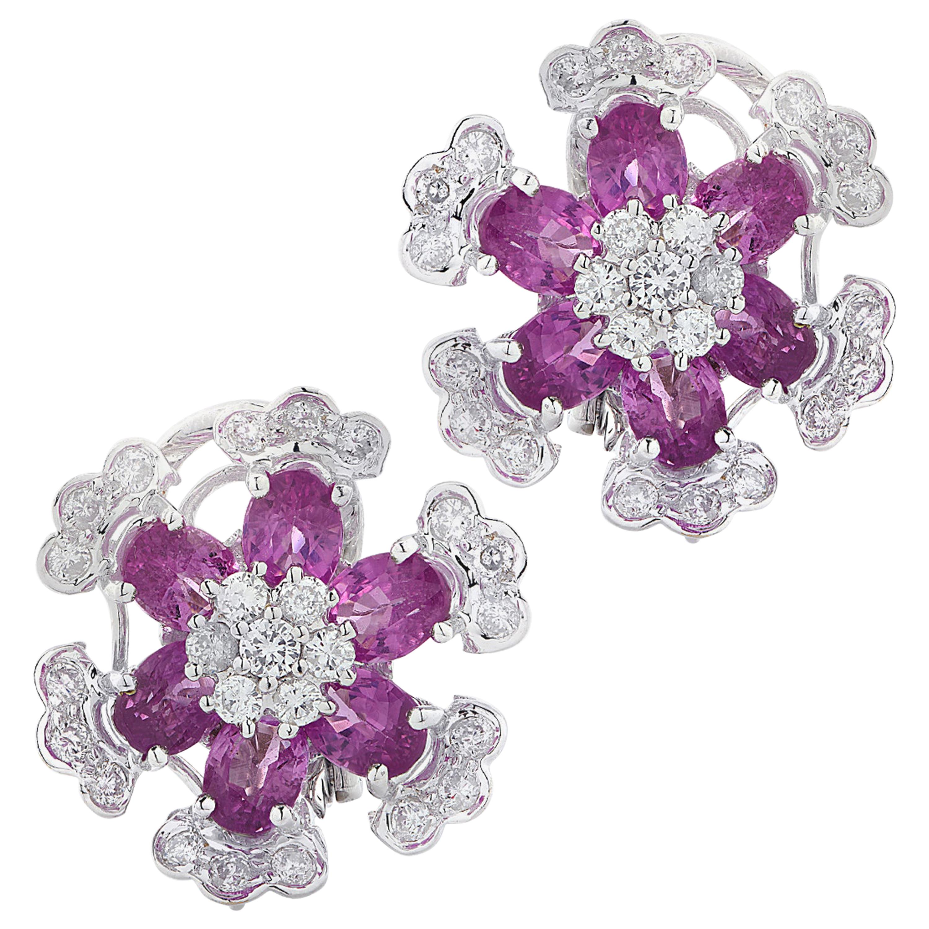 Diamond and Pink Sapphire Flower Earrings