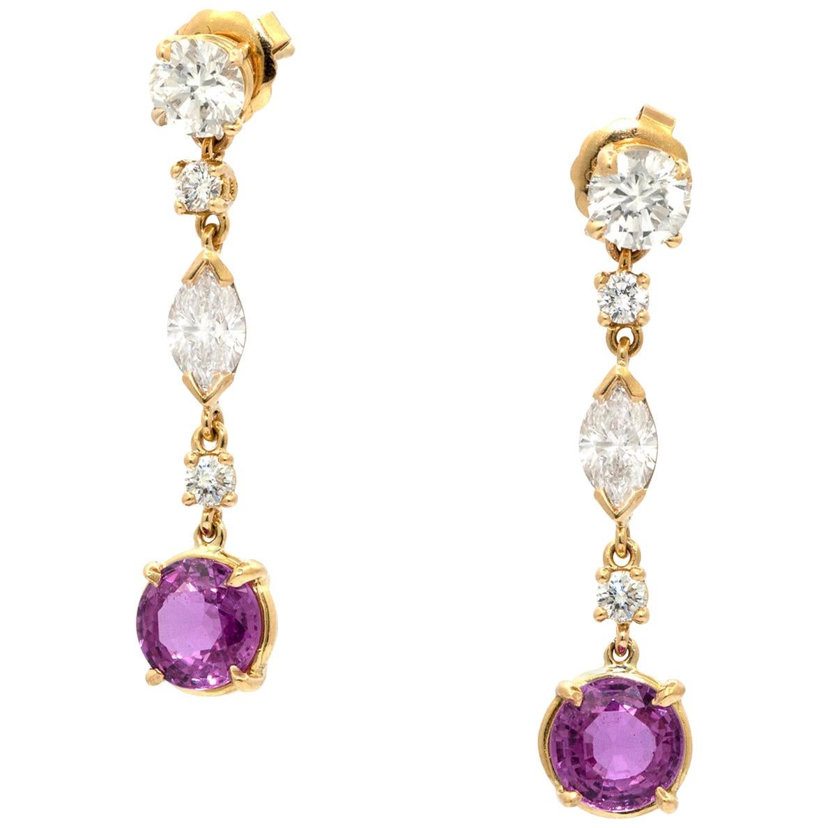 Diamond and Pink Sapphire Hanging Earrings