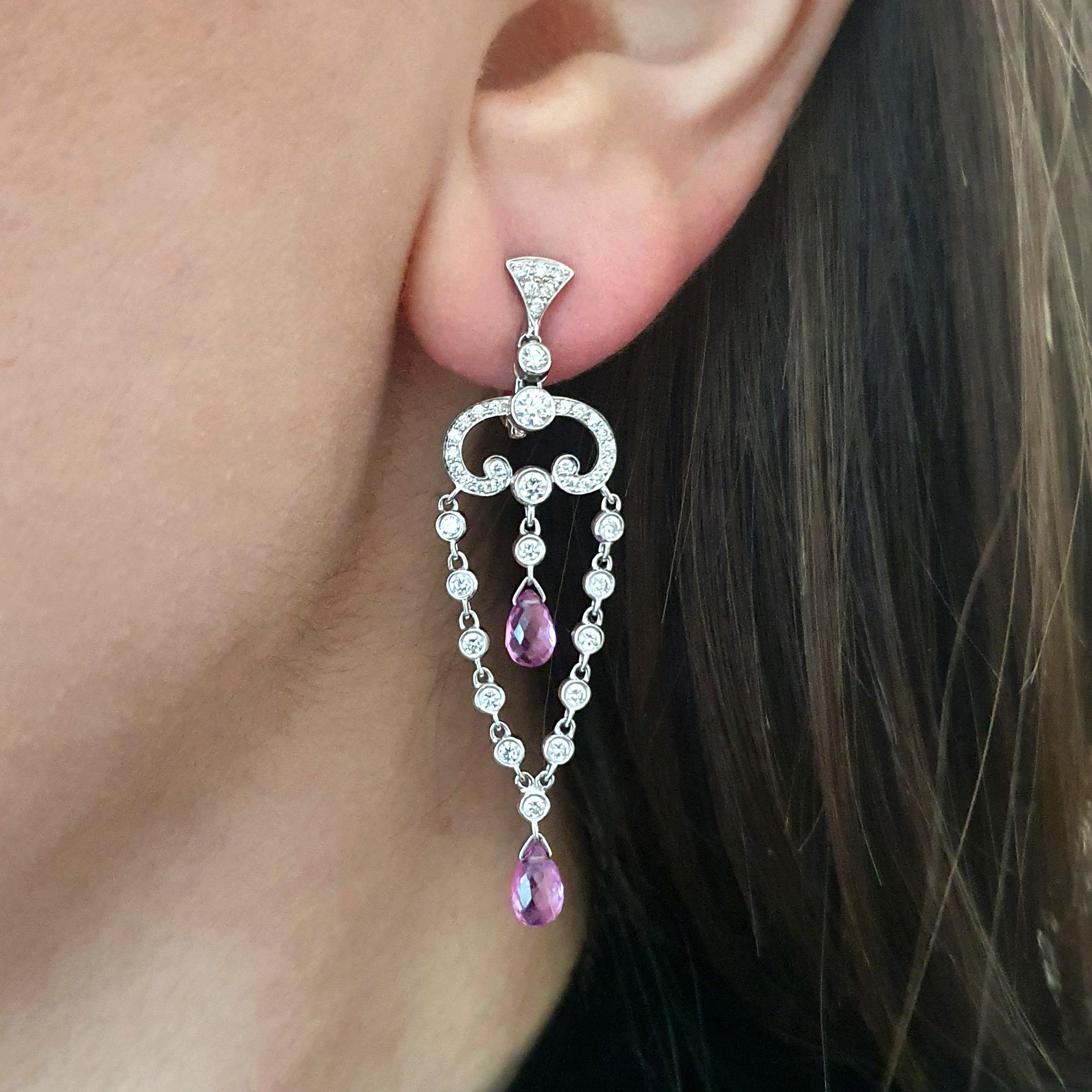 Briolette Cut Adler Diamond and Pink Sapphire on White Gold Earrings For Sale