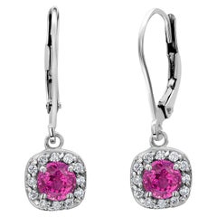 Diamond and Pink Sapphire White Gold Halo Shaped Lever Back Hoop Earrings