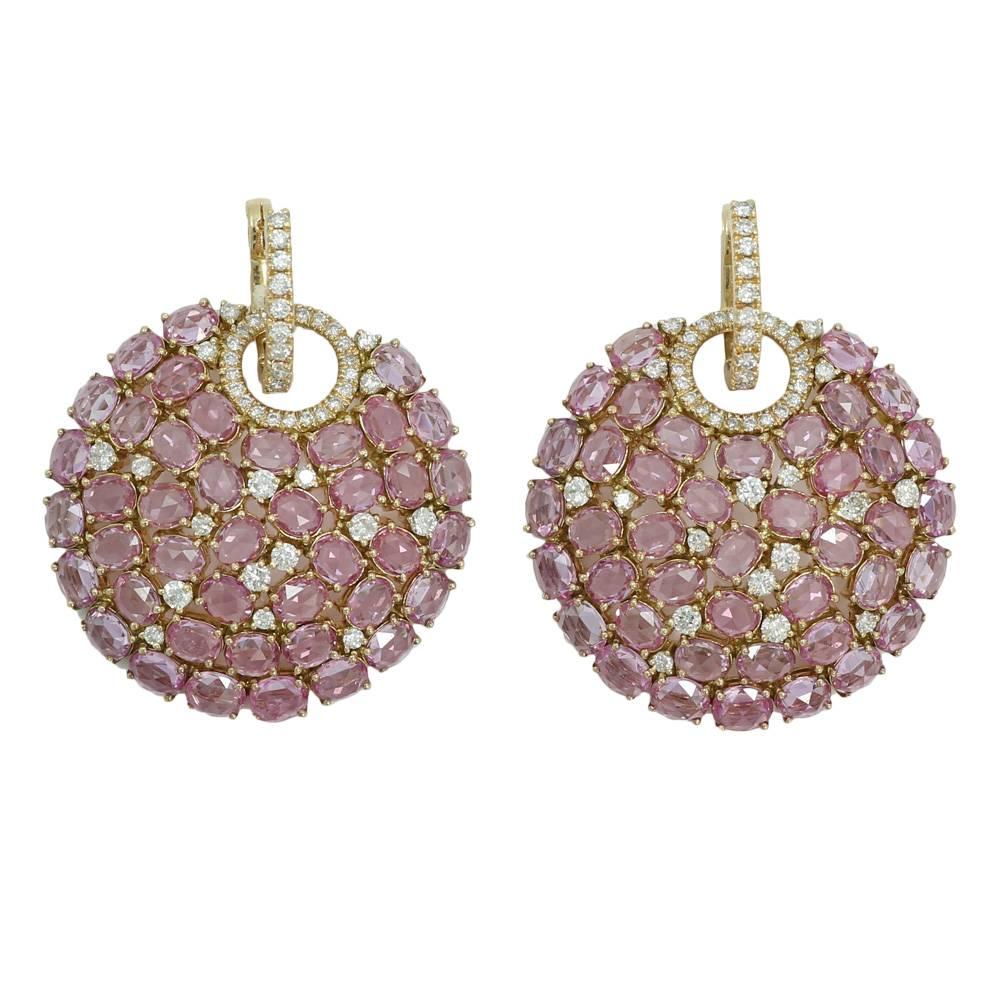 Diamond and Pink Sapphire Yellow Gold Disk Earrings For Sale