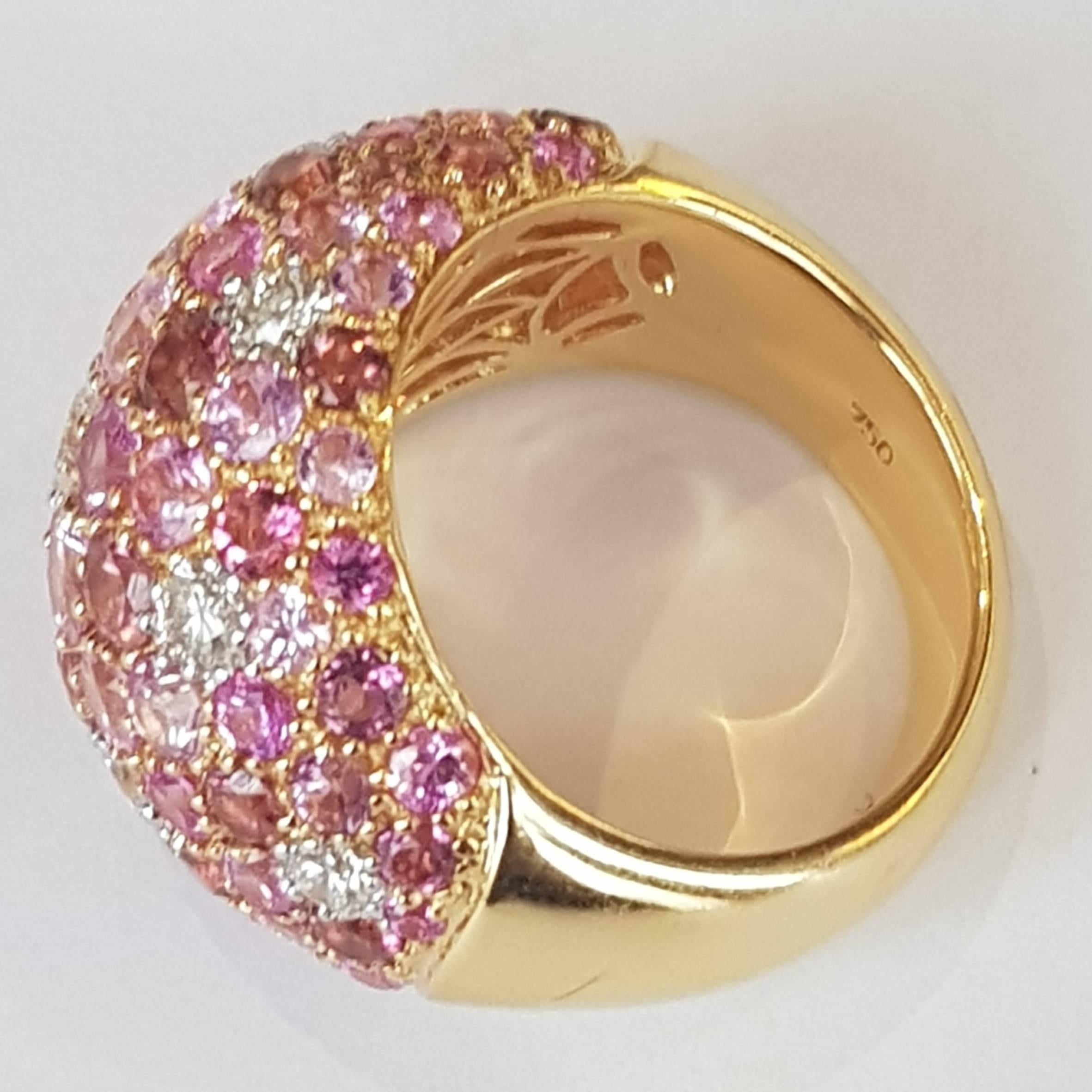 Round Cut Diamond and Pink Sapphires with Tourmaline 18 Karat Yellow Gold Ring For Sale