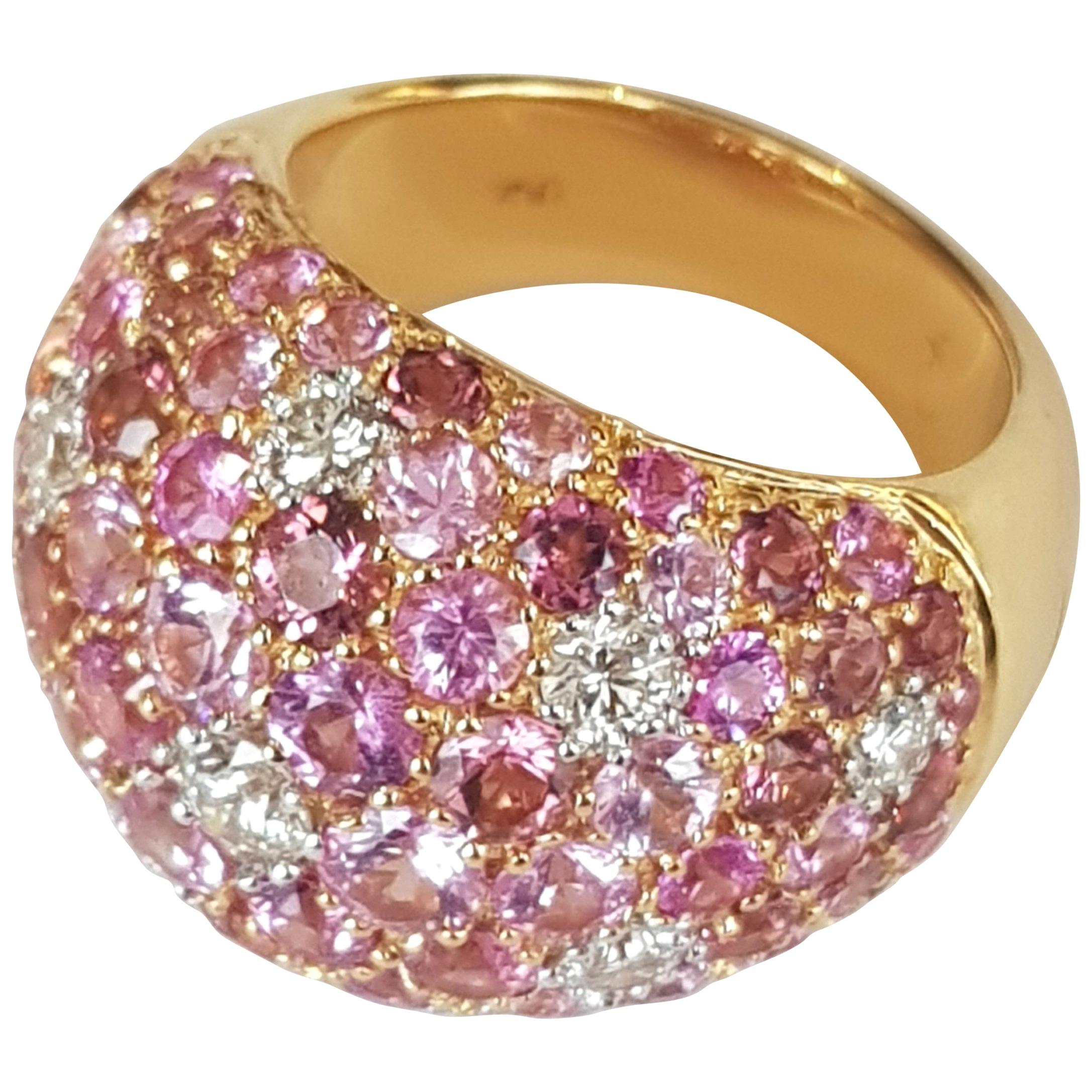 Diamond and Pink Sapphires with Tourmaline 18 Karat Yellow Gold Ring For Sale