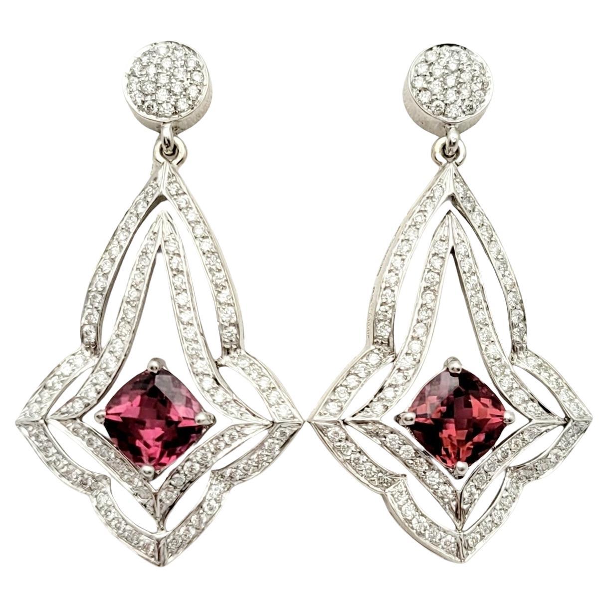 Diamond and Pink Tourmaline Chandelier Dangle Earrings in 14 Karat White Gold For Sale