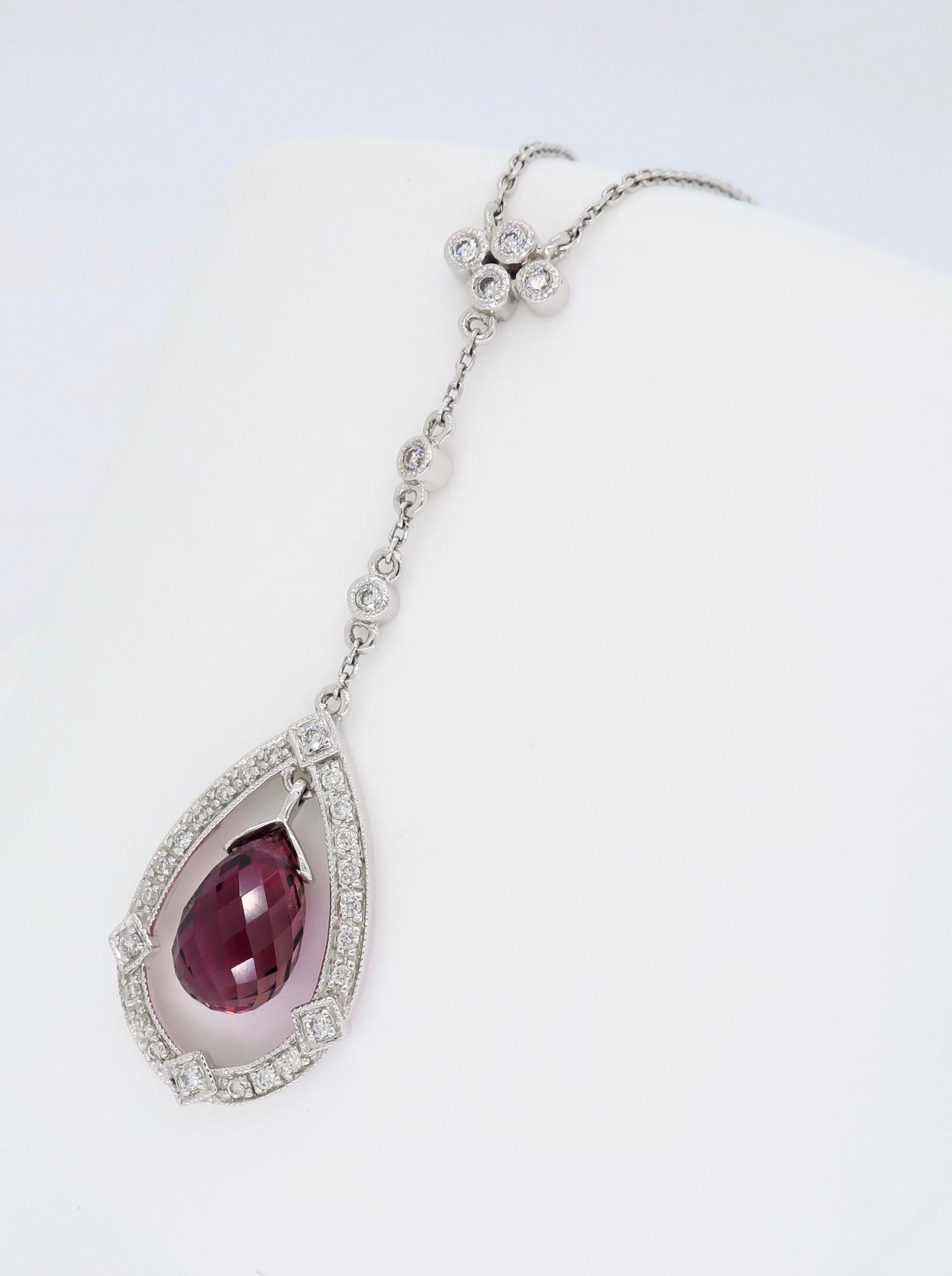 Diamond and Pink Tourmaline Drop Necklace In New Condition In Webster, NY