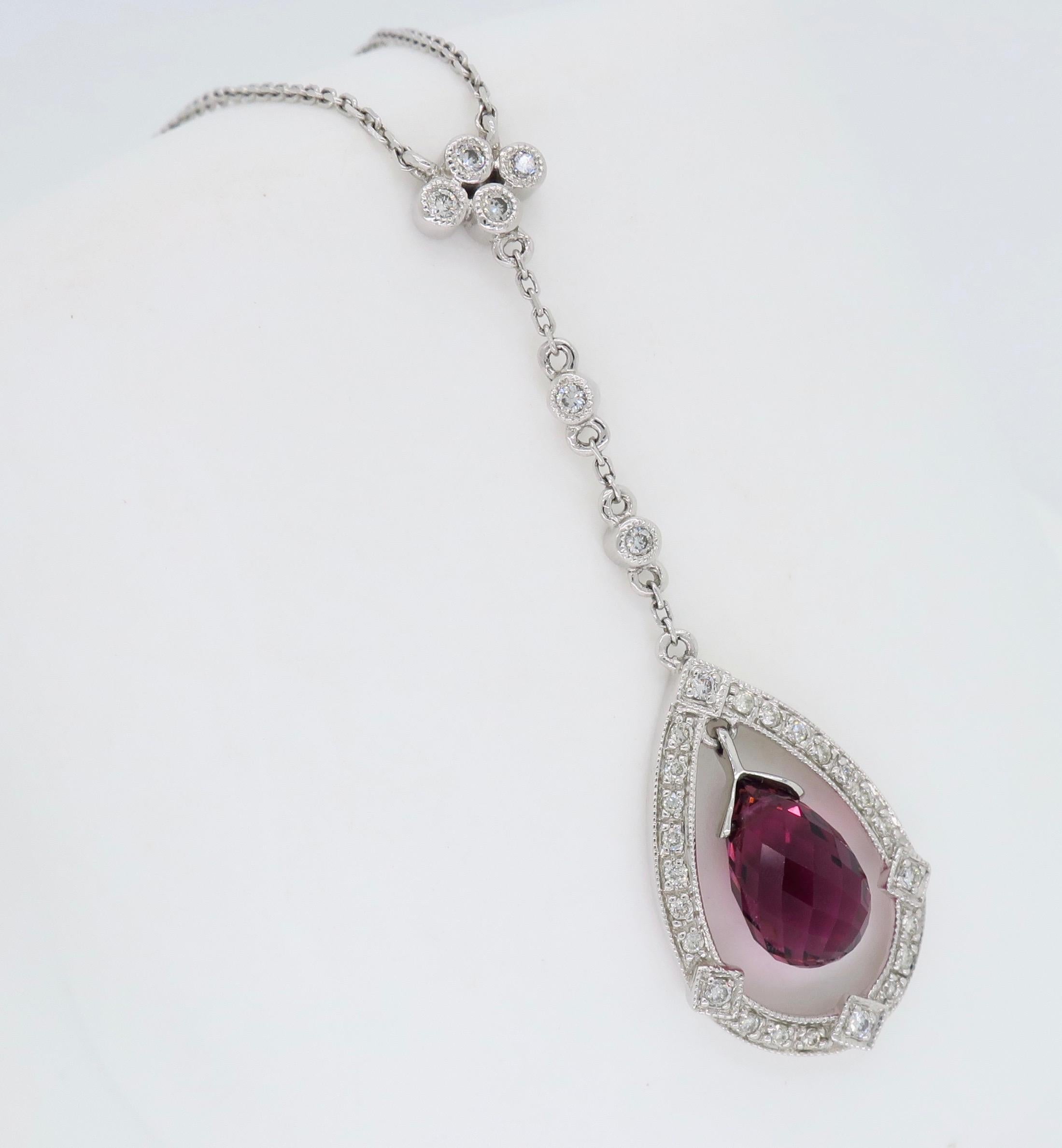 Women's Diamond and Pink Tourmaline Drop Necklace