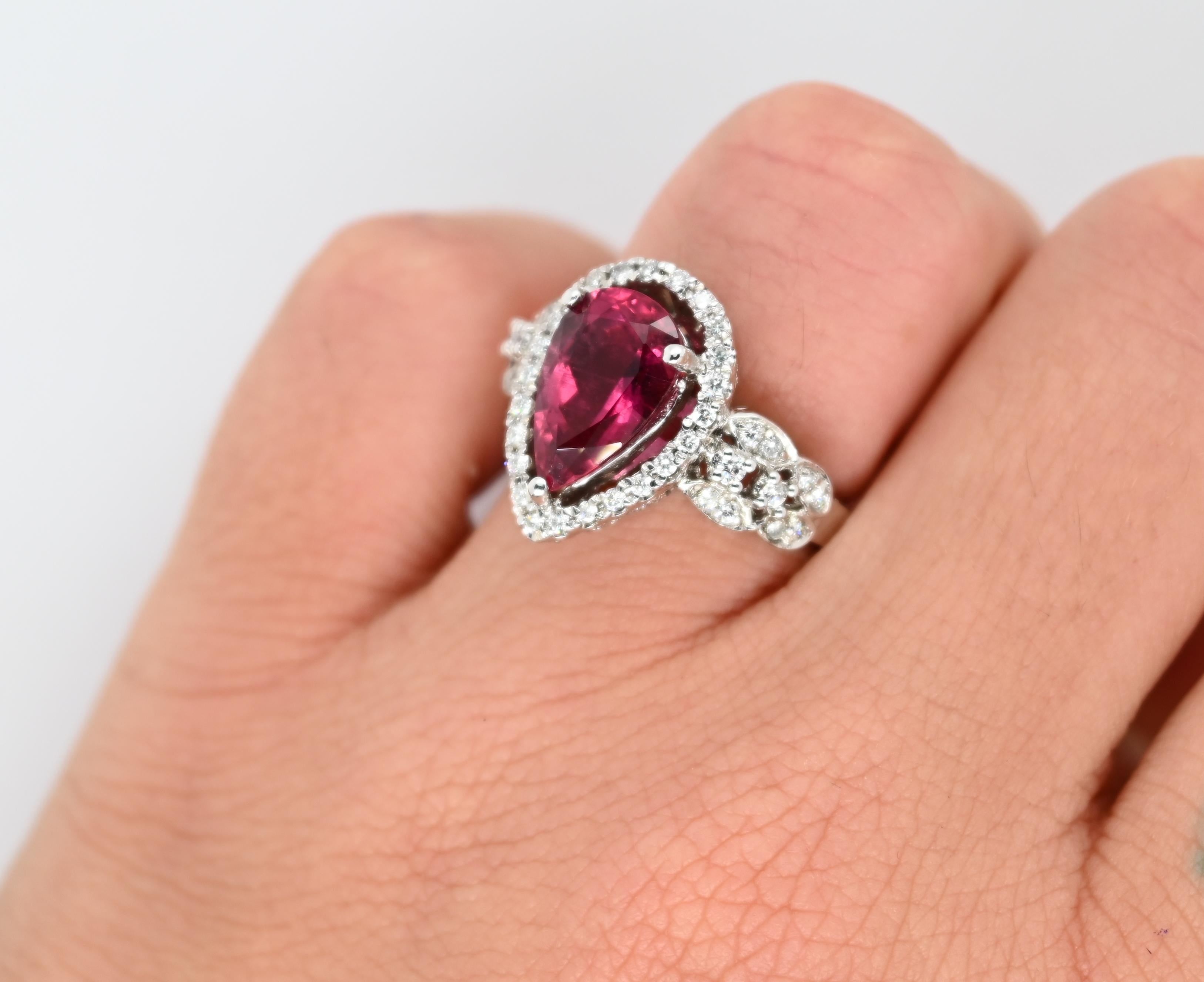 Pear Cut Diamond and Pink Tourmaline Ring For Sale