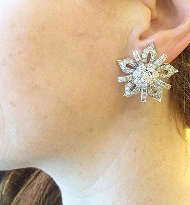 Baguette Cut Diamond and Platinum 1950s Stylized Flower Clip Earrings