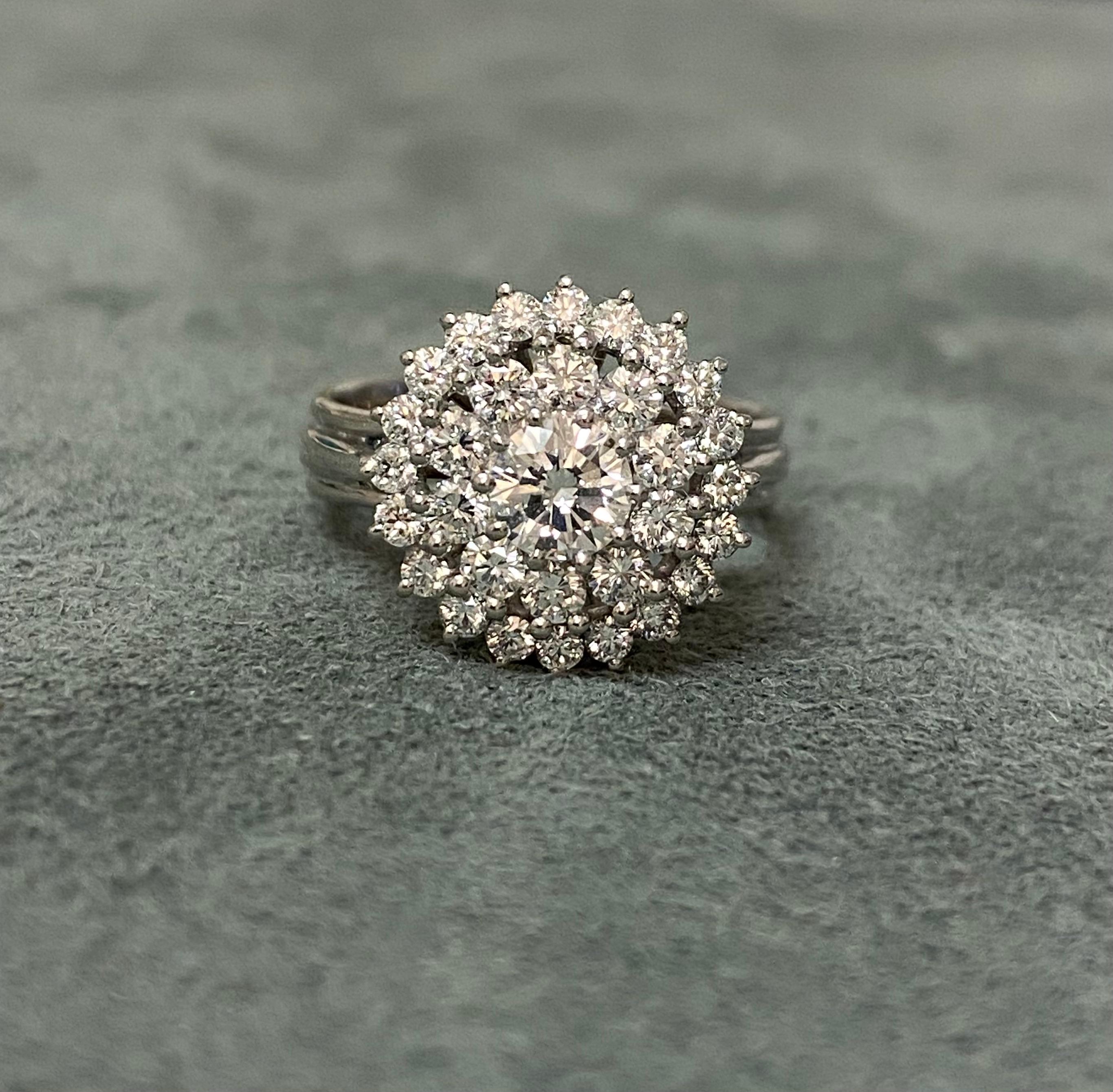 Round Cut Diamond and Platinum Cluster Ring For Sale