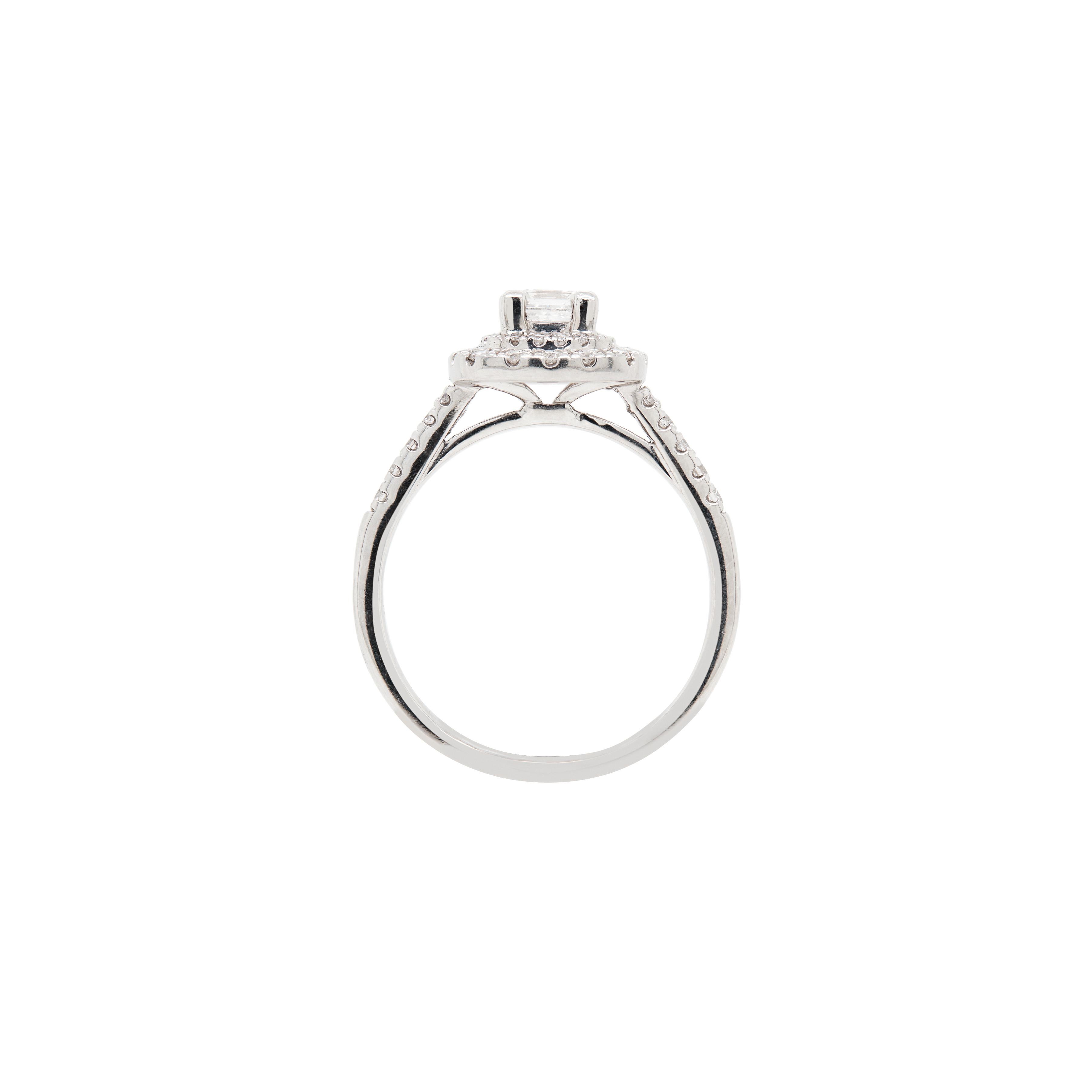 Modern Diamond and Platinum Double Halo Cluster Engagement Ring For Sale