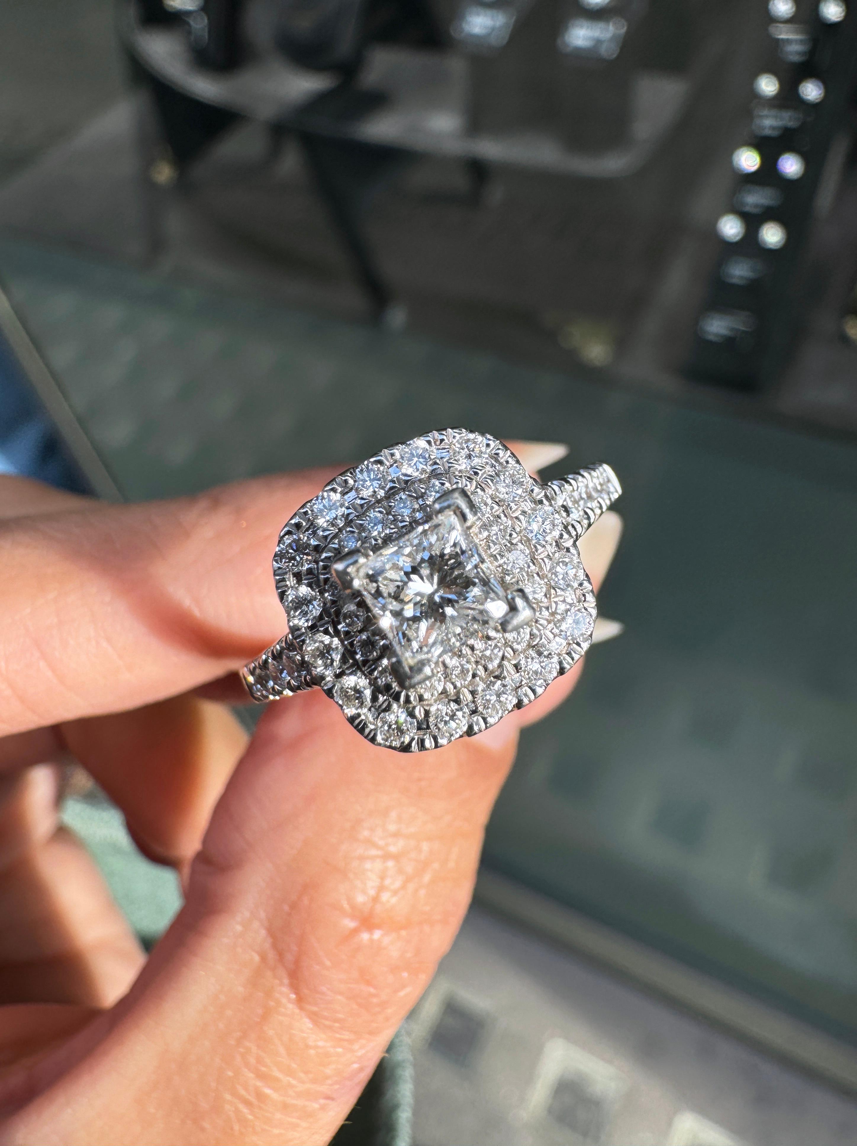Princess Cut Diamond and Platinum Double Halo Cluster Engagement Ring For Sale