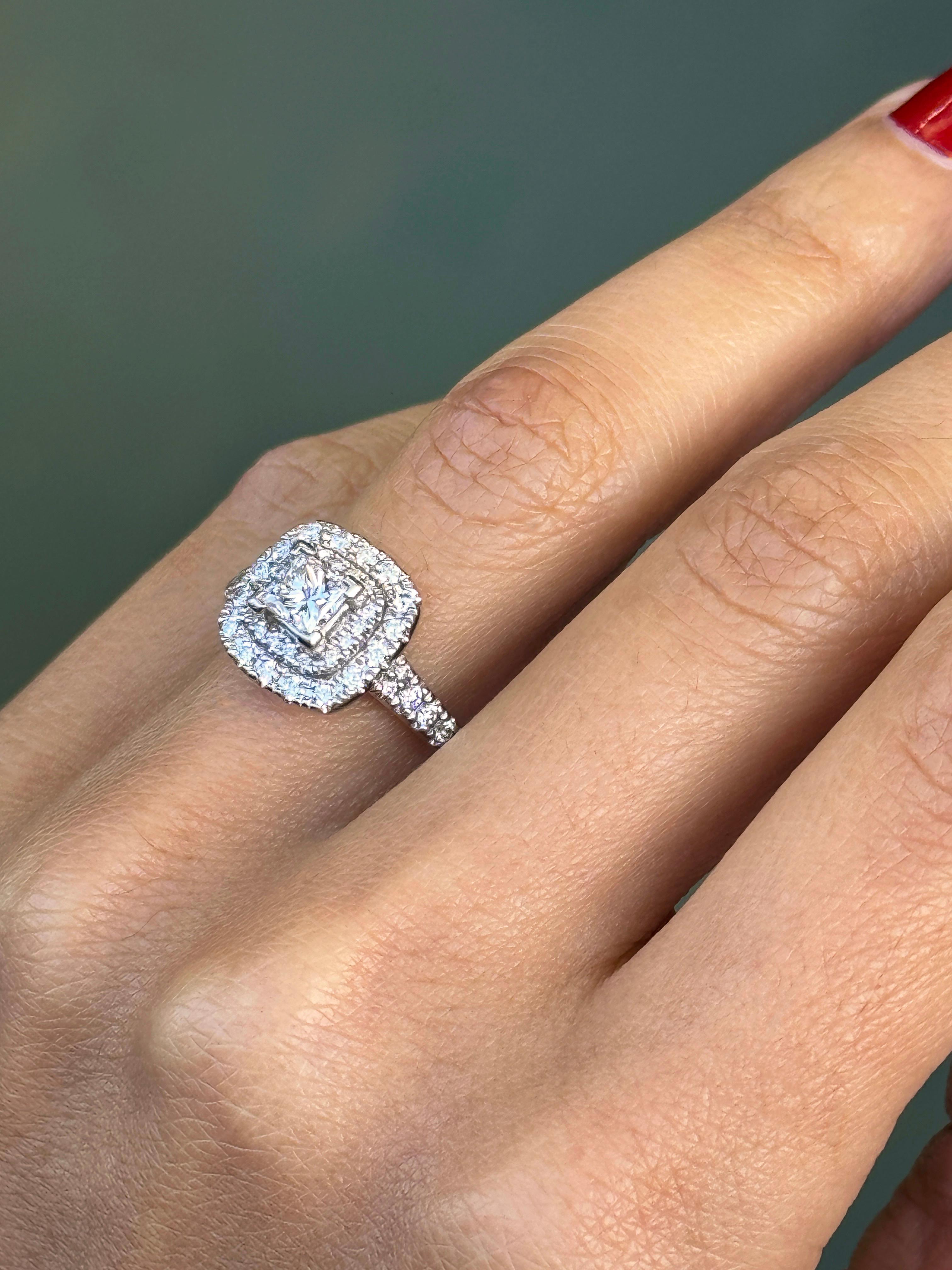Diamond and Platinum Double Halo Cluster Engagement Ring In Good Condition For Sale In London, GB