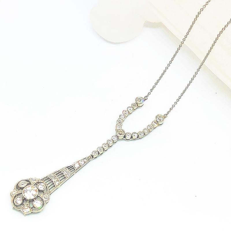 Diamond and Platinum Floral Cluster Drop Pendant In Good Condition For Sale In London, GB