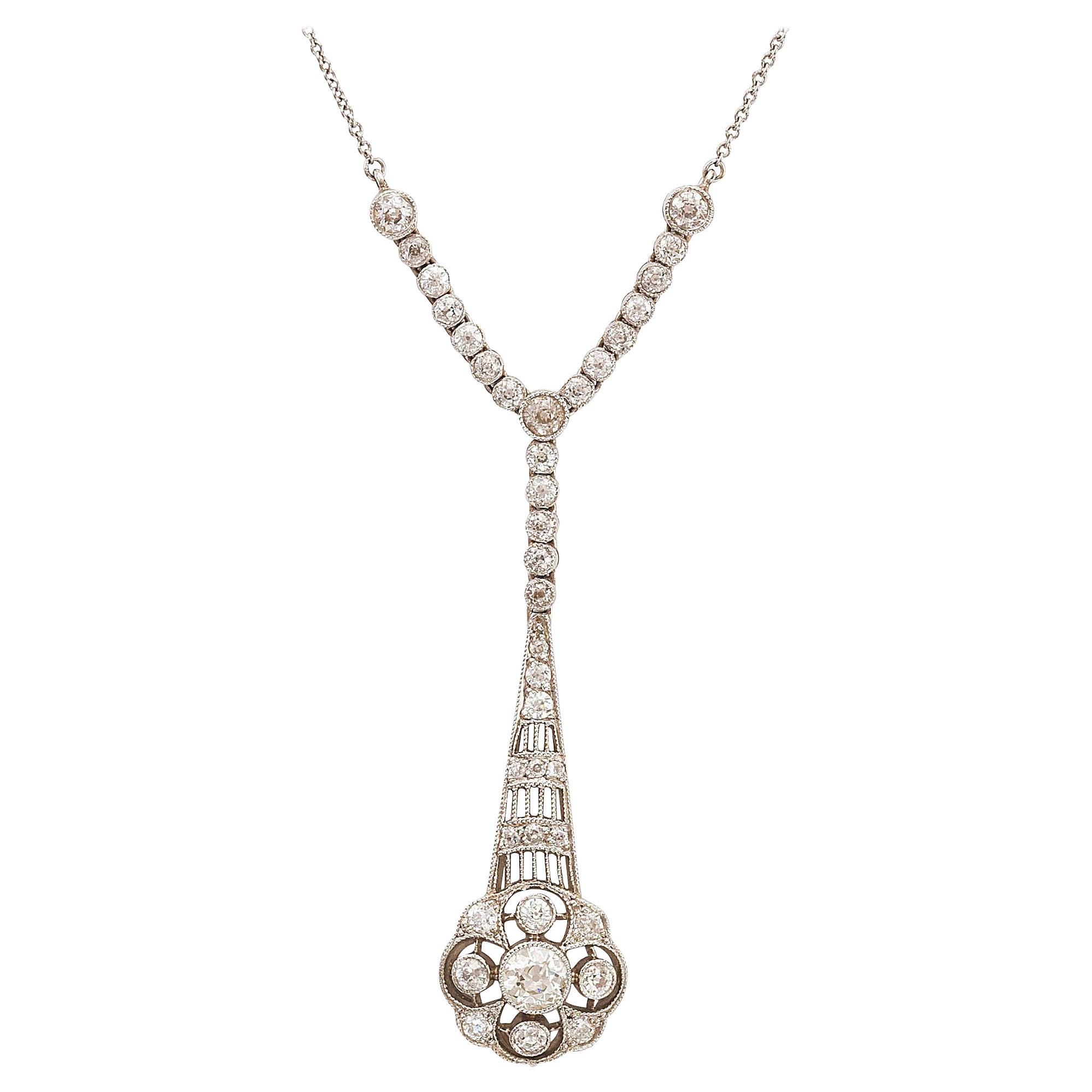 Diamond and Platinum Floral Cluster Drop Pendant For Sale