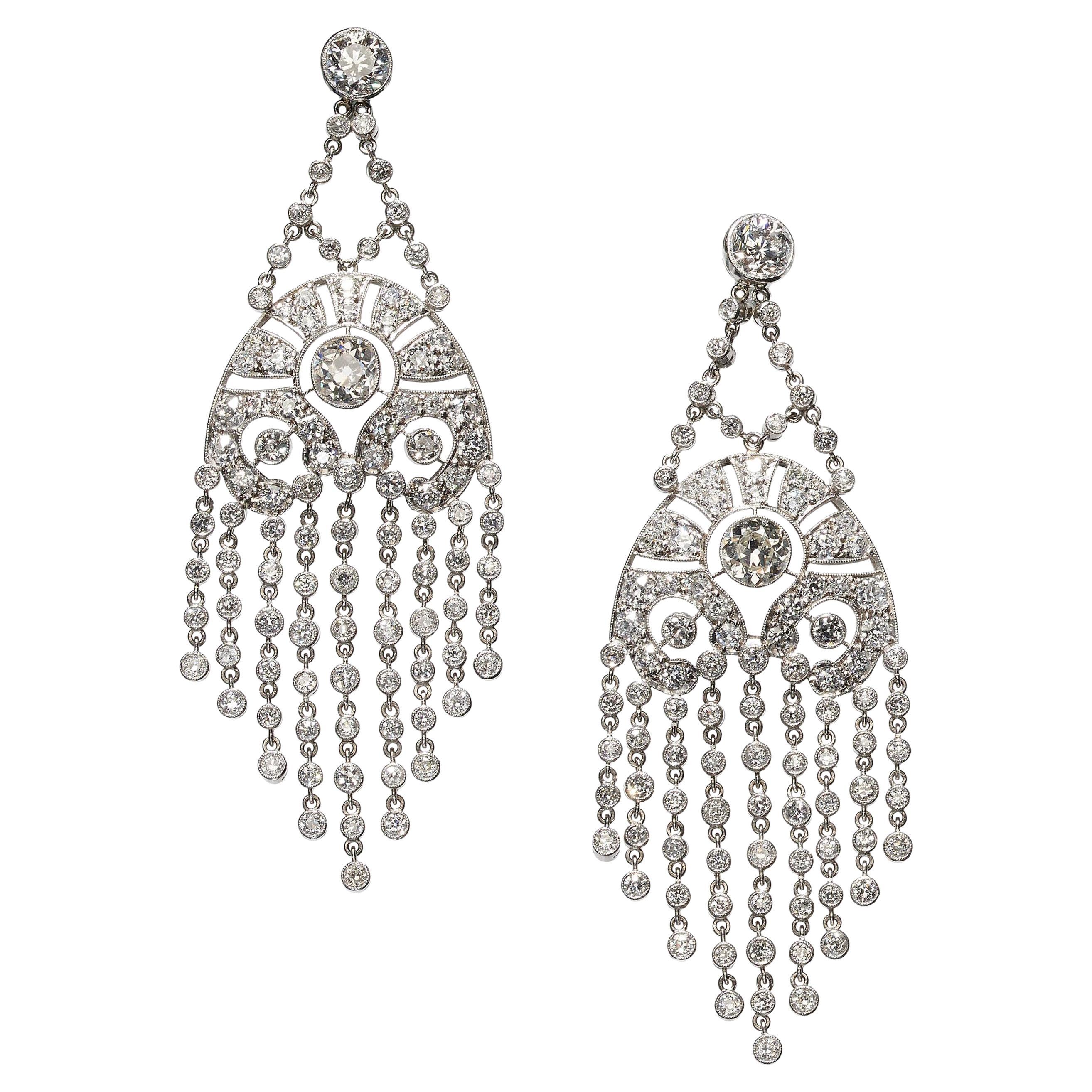 Diamond And Platinum Fringe Drop Earrings, Circa 1935, 6.93 Carats For Sale