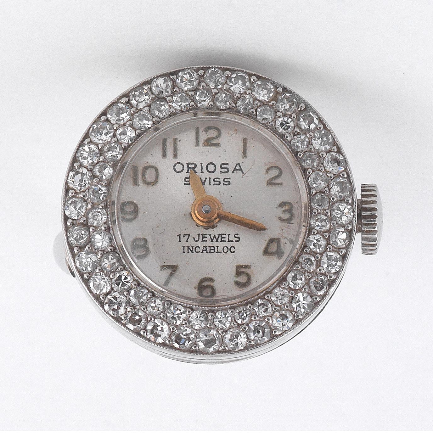 Retro Diamond and Platinum Ring Watch, circa 1960