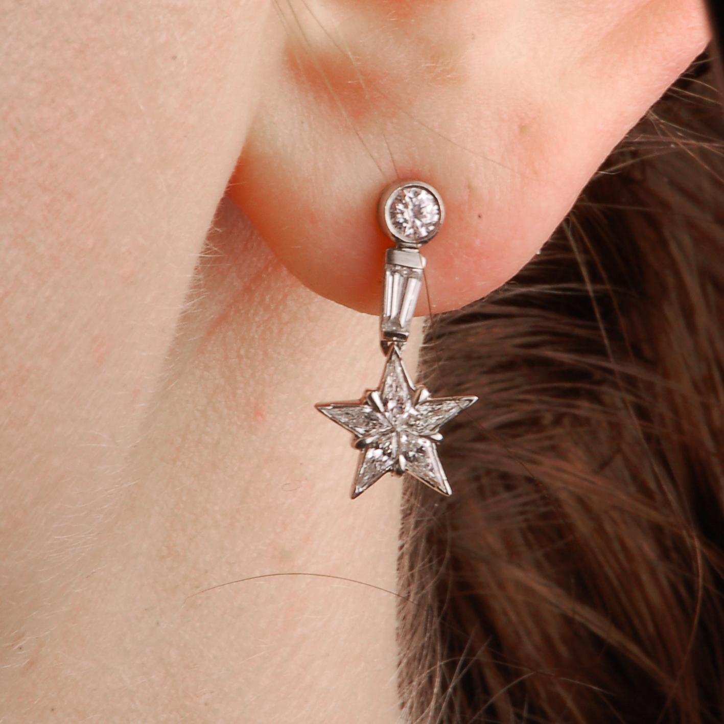 Diamond and Platinum Star Drop Earrings For Sale 1