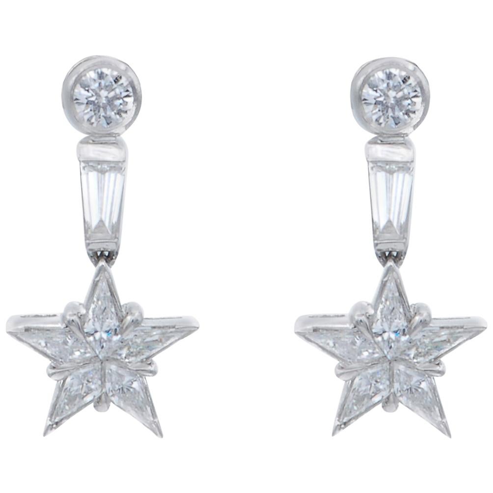 Diamond and Platinum Star Drop Earrings For Sale