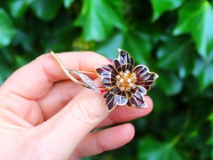 Diamond and Plique a Jour Enamel Yellow Gold Flower Brooch