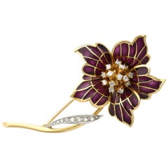 Diamond and Plique a Jour Enamel Yellow Gold Flower Brooch