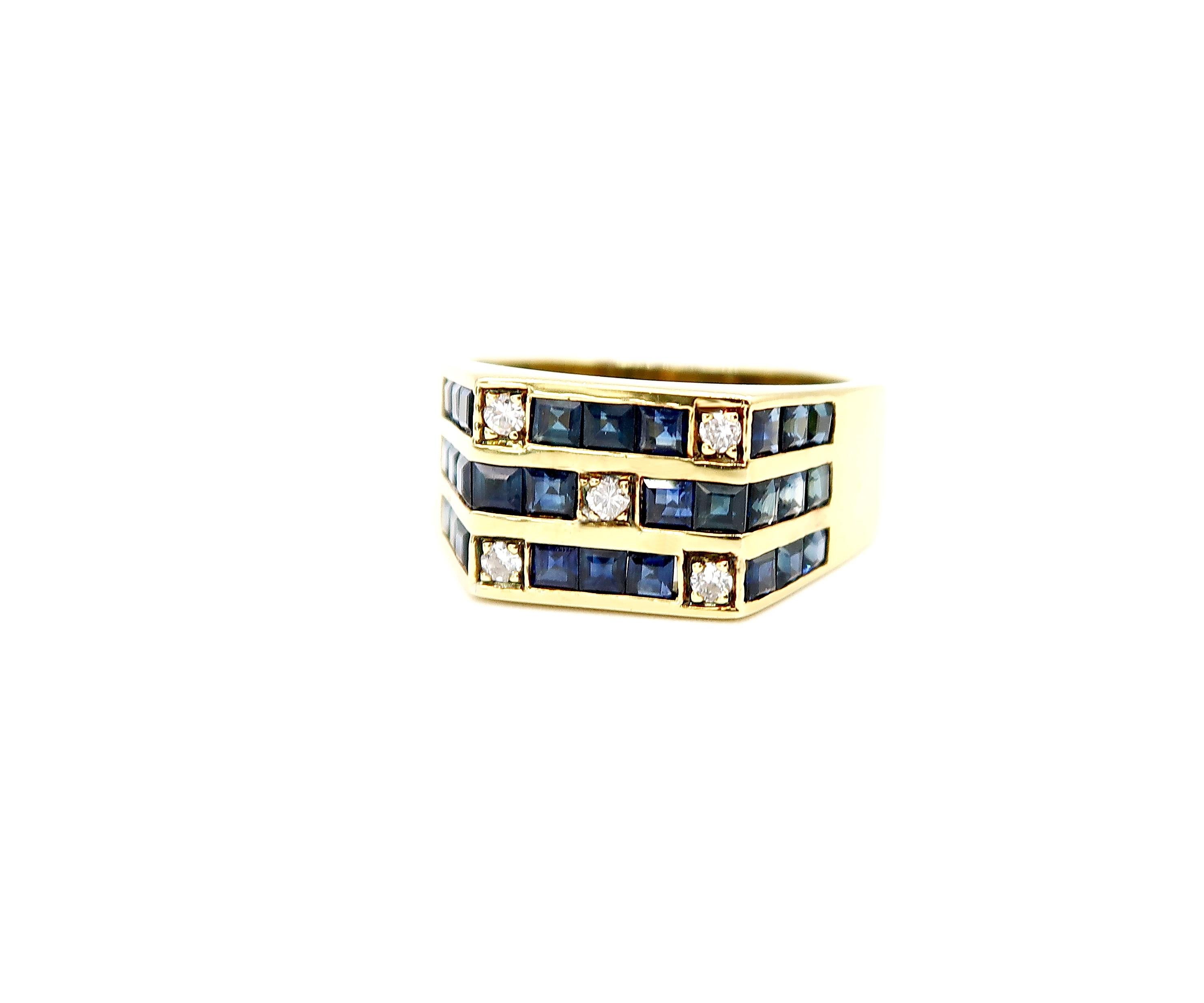 Diamond and Princess Cut Blue Sapphire Grid 18 Karat Gold Hexagon Men's Ring

Please let us know upon checkout should you wish to have the ring resized. 
Ring size: US 7, UK N

Gold: 18K Yellow Gold 7.1g.
Sapphire: 2.39cts.
Diamond: 0.21ct.