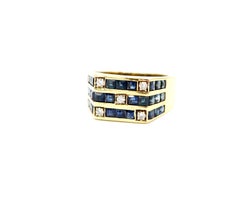Diamond and Princess Cut Blue Sapphire Grid 18 Karat Gold Hexagon Men's Ring