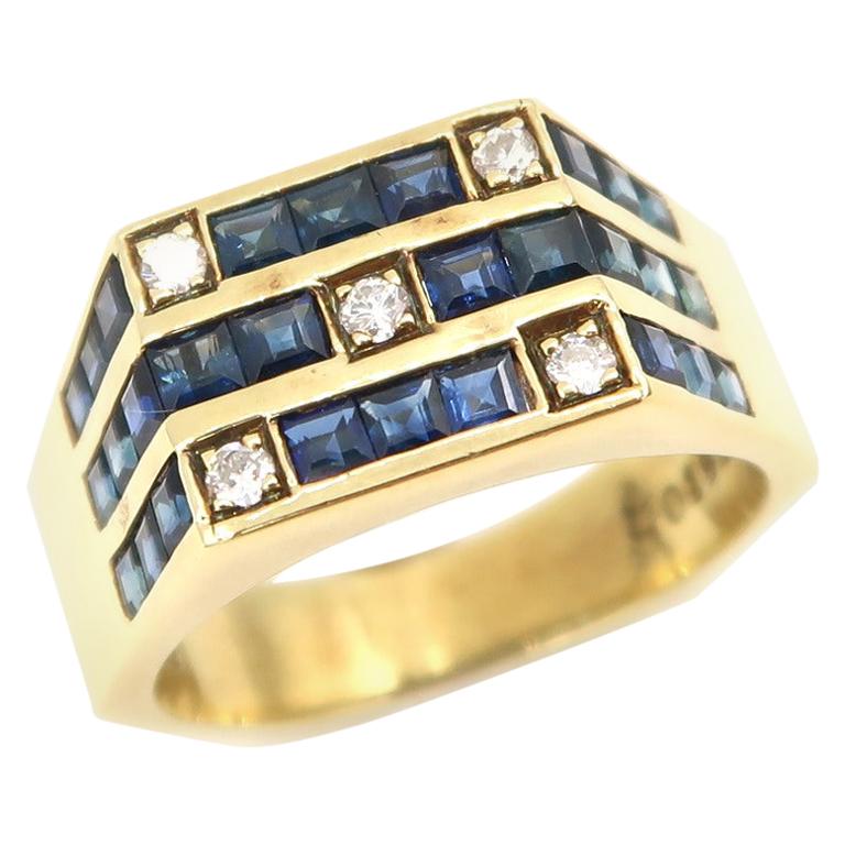 Diamond and Princess Cut Blue Sapphire Grid 18 Karat Gold Hexagon Men's Ring For Sale
