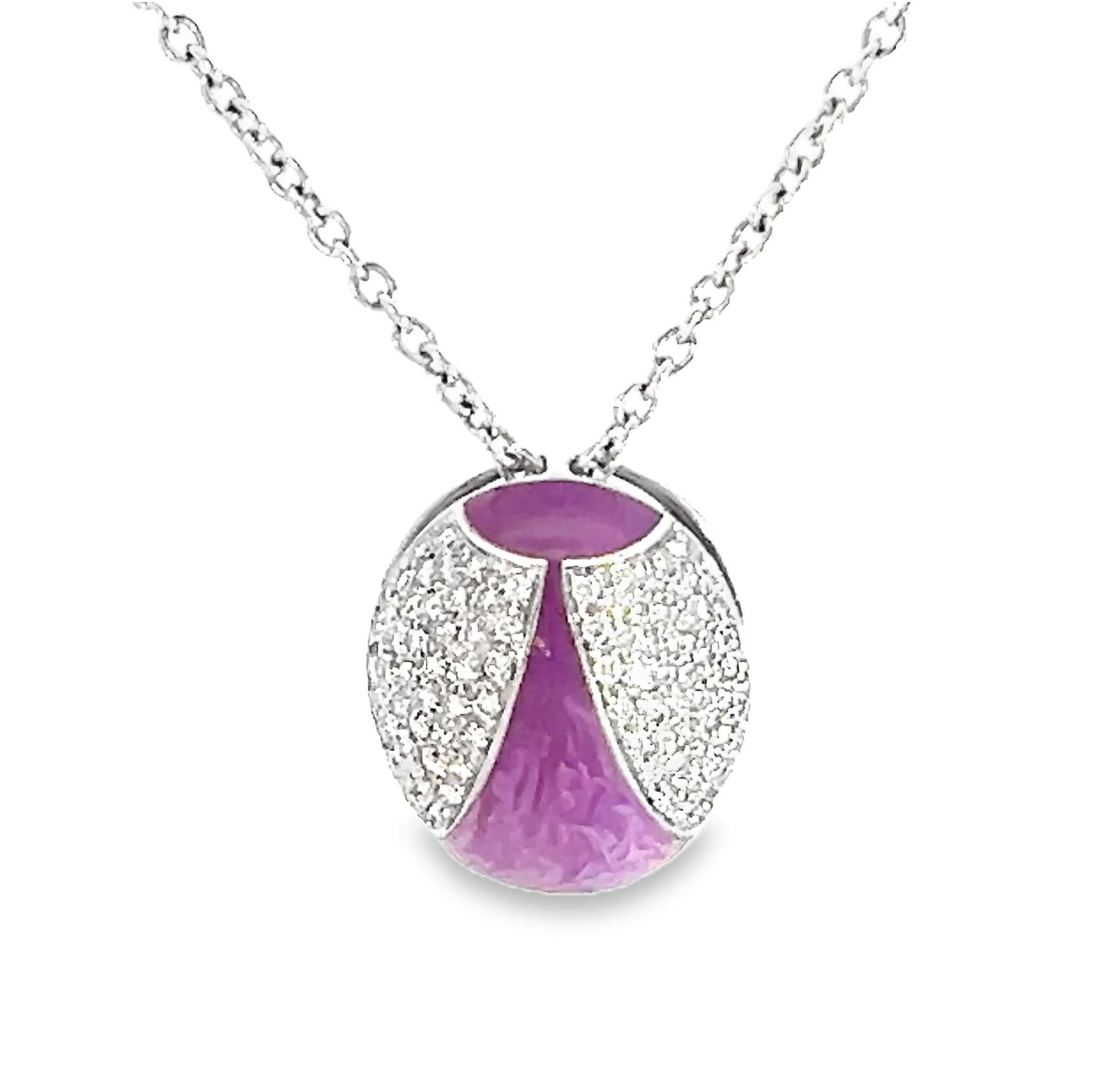 18K white gold pendant necklace showcases a stunning purple enamel orb, beautifully accented with 2.06 carats of sparkling round brilliant diamonds. The intricate craftsmanship and high-quality materials make this piece a luxurious statement,