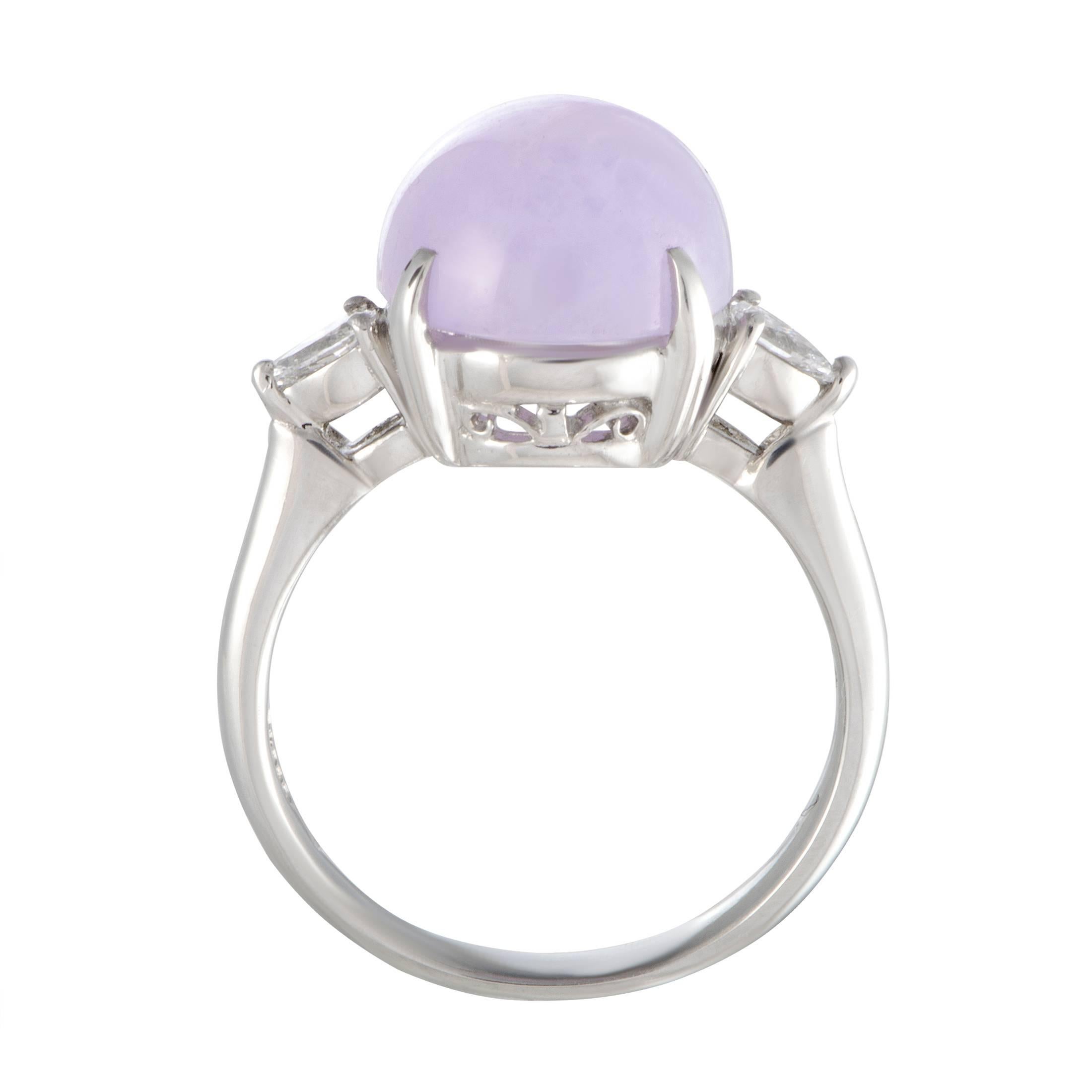 The elegant platinum presents the perfect backdrop for the sublime purple jade in this gorgeous ring that offers stylish, prestigious appearance. The jade weighs 9.40 carats and it is accompanied by 0.22 carats of scintillating diamonds.
Ring Size: