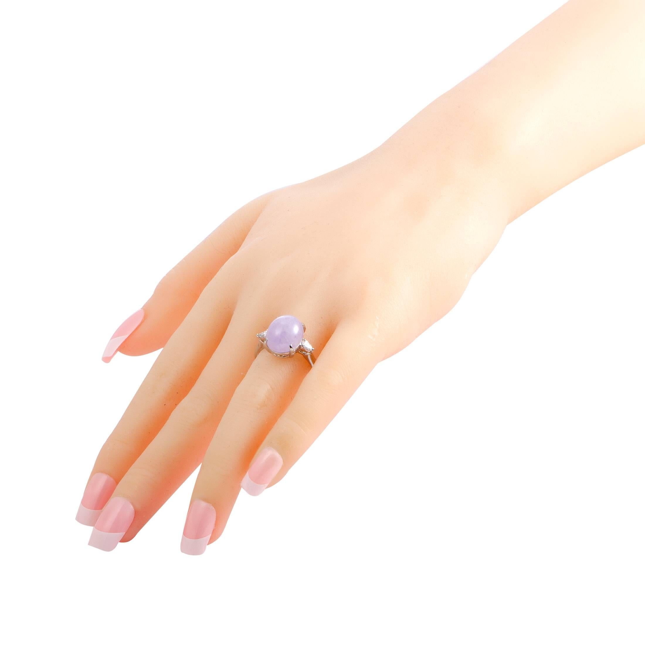 Women's Diamond and Purple Jade Cabochon Three-Stone Platinum Ring