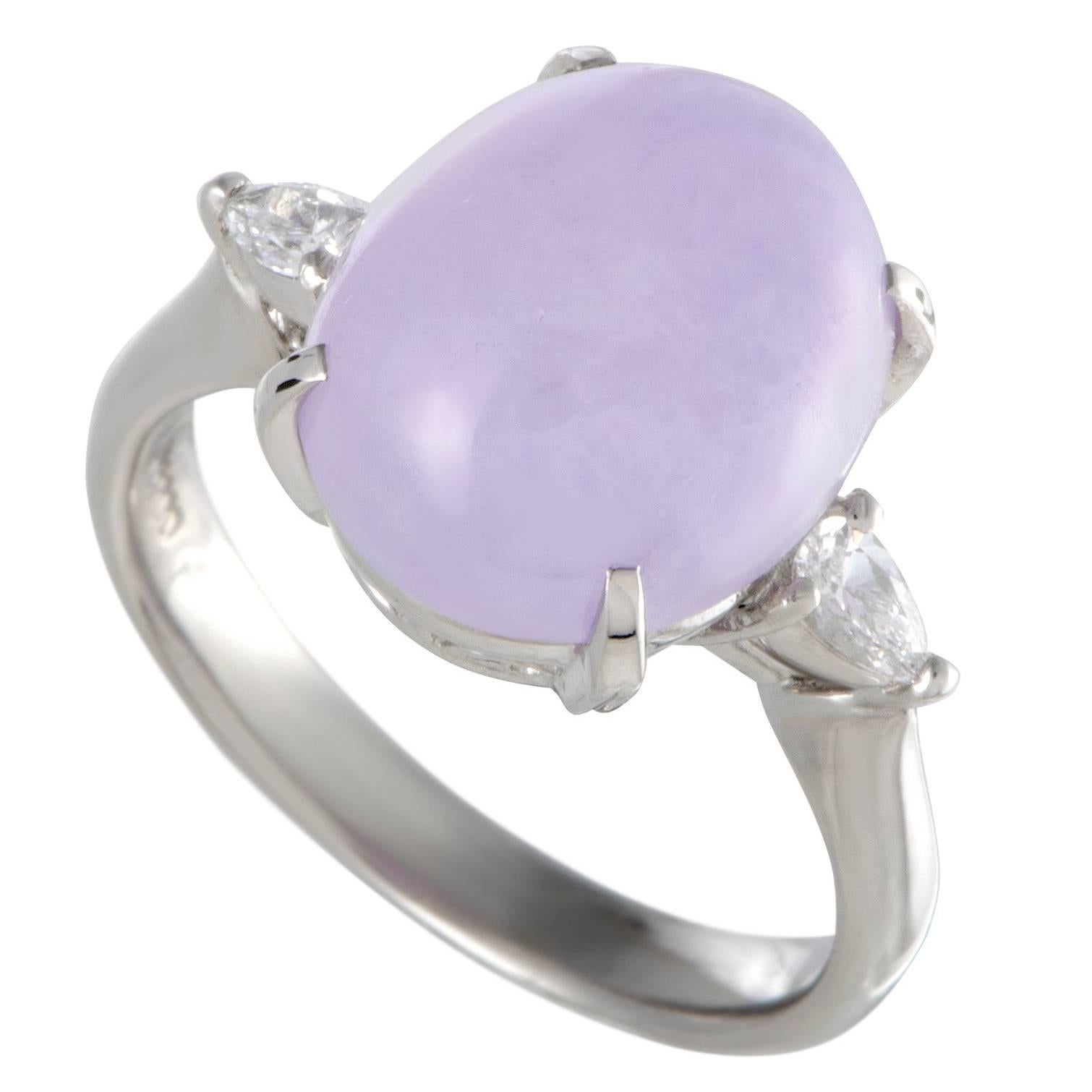 Diamond and Purple Jade Cabochon Three-Stone Platinum Ring