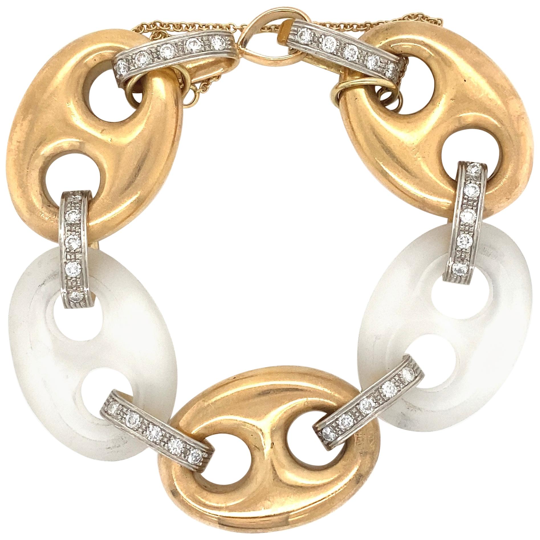 Diamond and Quartz Crystal Chunky Open Link Gold Bracelet Estate Fine Jewelry For Sale