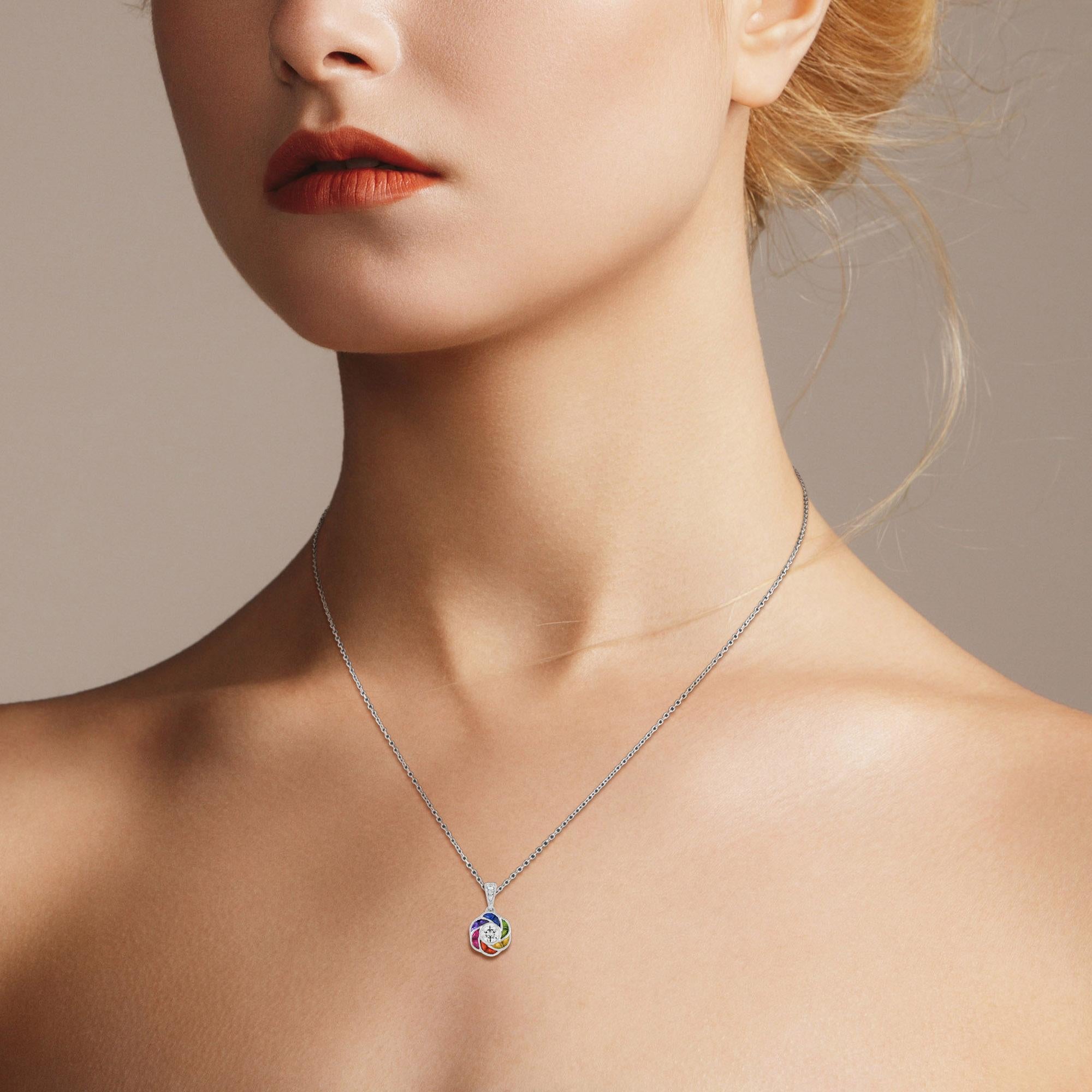 Discover our new collection ‘Be Elegance Over the Rainbow’ and celebrate the life that full of colors! Perfect with everyday wear, these charming vintage Art Deco revivalist design pendant features a brilliant cut diamond surrounded by rainbow