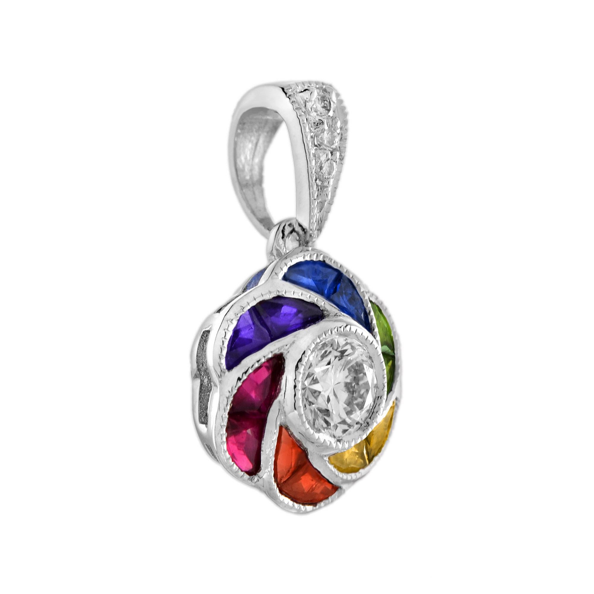 Round Cut Diamond and Rainbow Sapphire Art Deco Style Floral Pendant in 18K White Gold For Sale